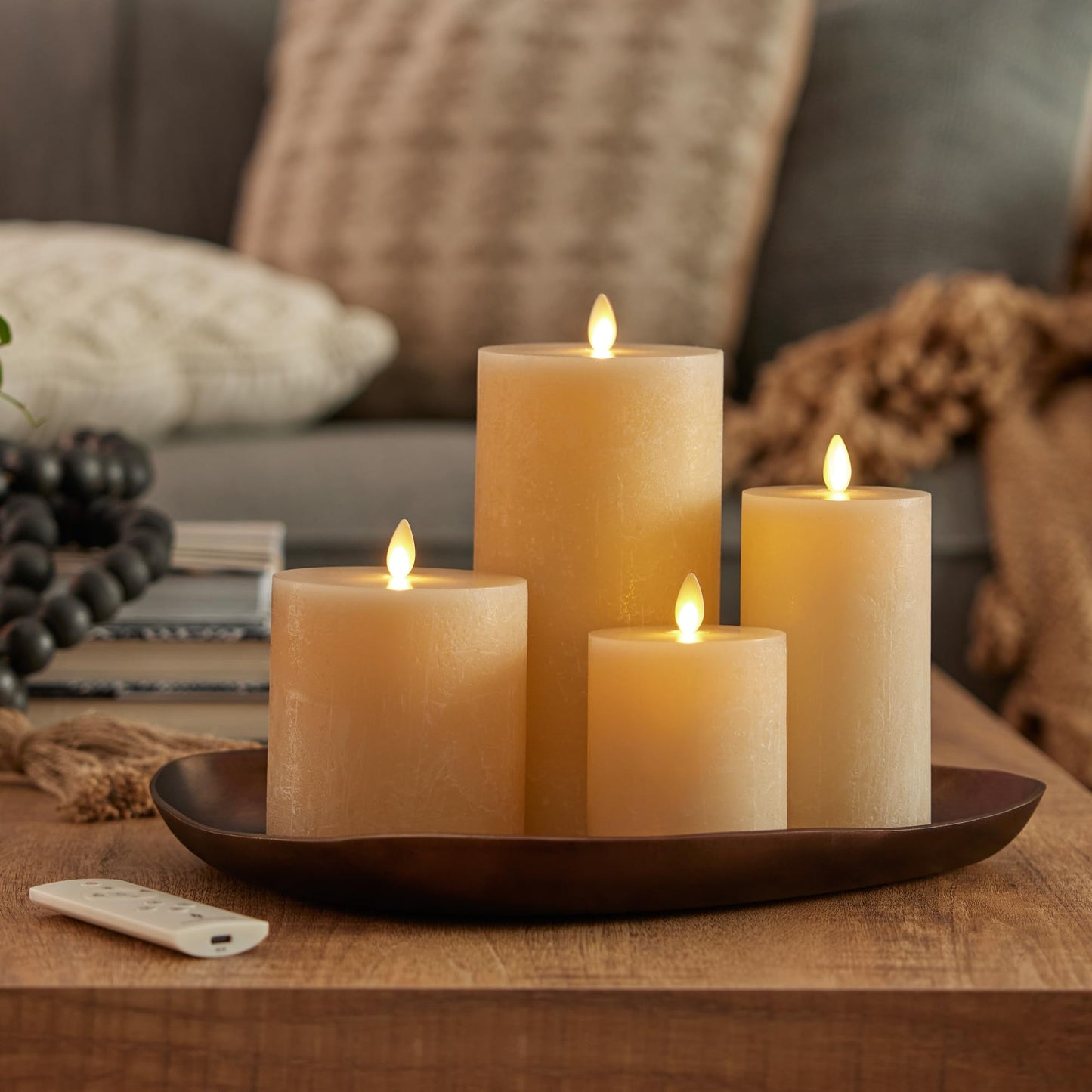Luminara Seaglass Rechargeable Flameless LED Candle, Fog 3.8" x 8.6", Moving Flame Pillar Timer, USB Type-C Charging Cable, Unscented Real Wax