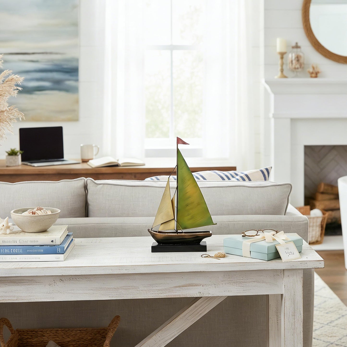 Octdays Metal Sailboat Sculpture, Modern Iron Boat Statue Home Decor for Living Room Bedroom Office Entryway Fireplace, Handmade Nautical Art Ornament (Yellow and Green Sailboat)