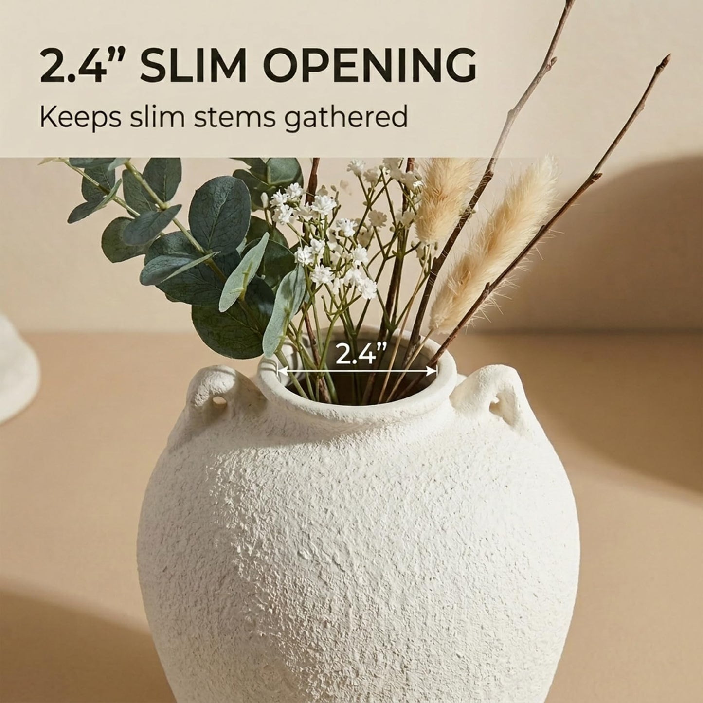 LKKMINIEN 8.7" White Ceramic Vase with Handles, Textured Stone Decor