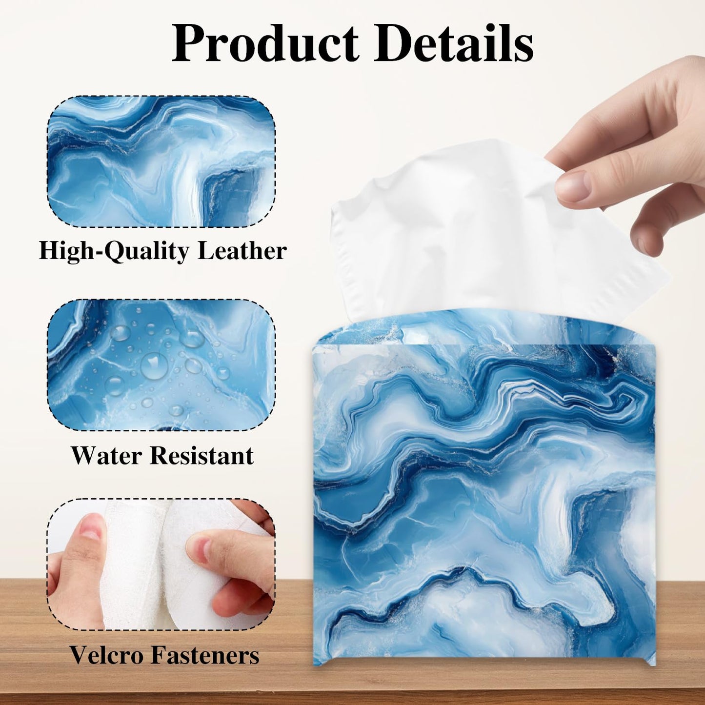 Blue Marble Tissue Box Holder, Modern Leather Tissue Box Cover Square, Waterproof Facial Paper Organizer Dispenser for Home Bathroom Bedroom Night Stand Office Countertop -025