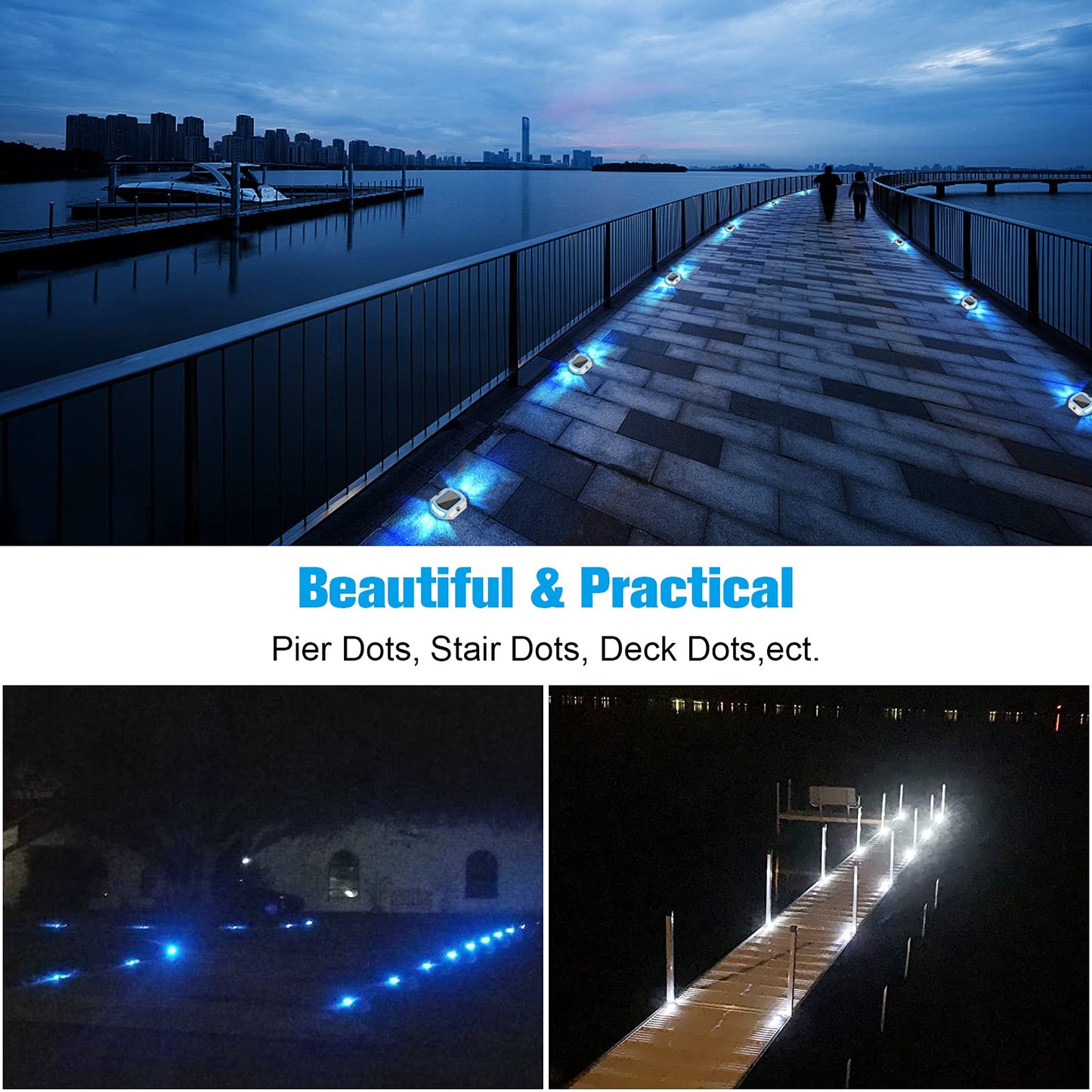VOLISUN Solar Driveway Lights Dock Deck Lights 16 Pack,2 Colors in 1, LED Solar Powered Waterproof Outdoor Warning Step Light for Driveway Sidewalk Pathway (White/Blue),Auto On/Off