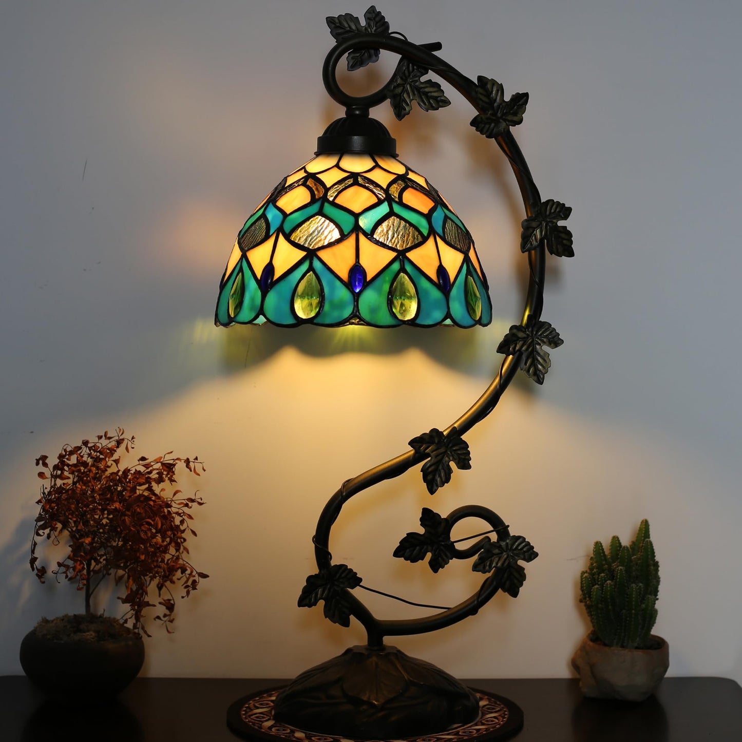 ZYLINX Small Tiffany Lamp Stained Glass Desk Light Blue Phoenix Tail Style