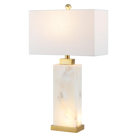 JONATHAN Y 27.5" White/Gold Modern Alabaster Rectangular Table Lamp with Night Light Contemporary Coastal Bedside Lamp for Bedroom with White Linen Shade LED Bulbs Included JYL6201A