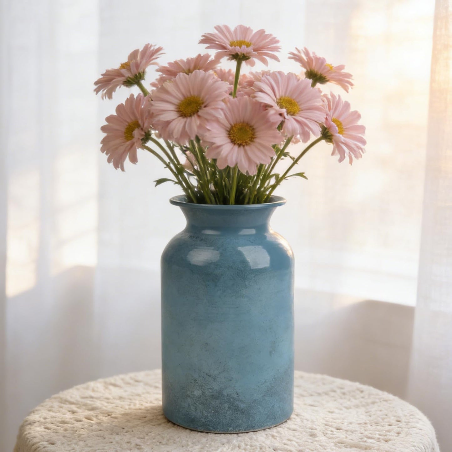 PHILPETY Shabby Chic Classy Designed Blue Milk Can Galvanized Finish Metal Vase Country Rustic Primitive Decorative Flower Holder for Home Office Garden, 7.8" H