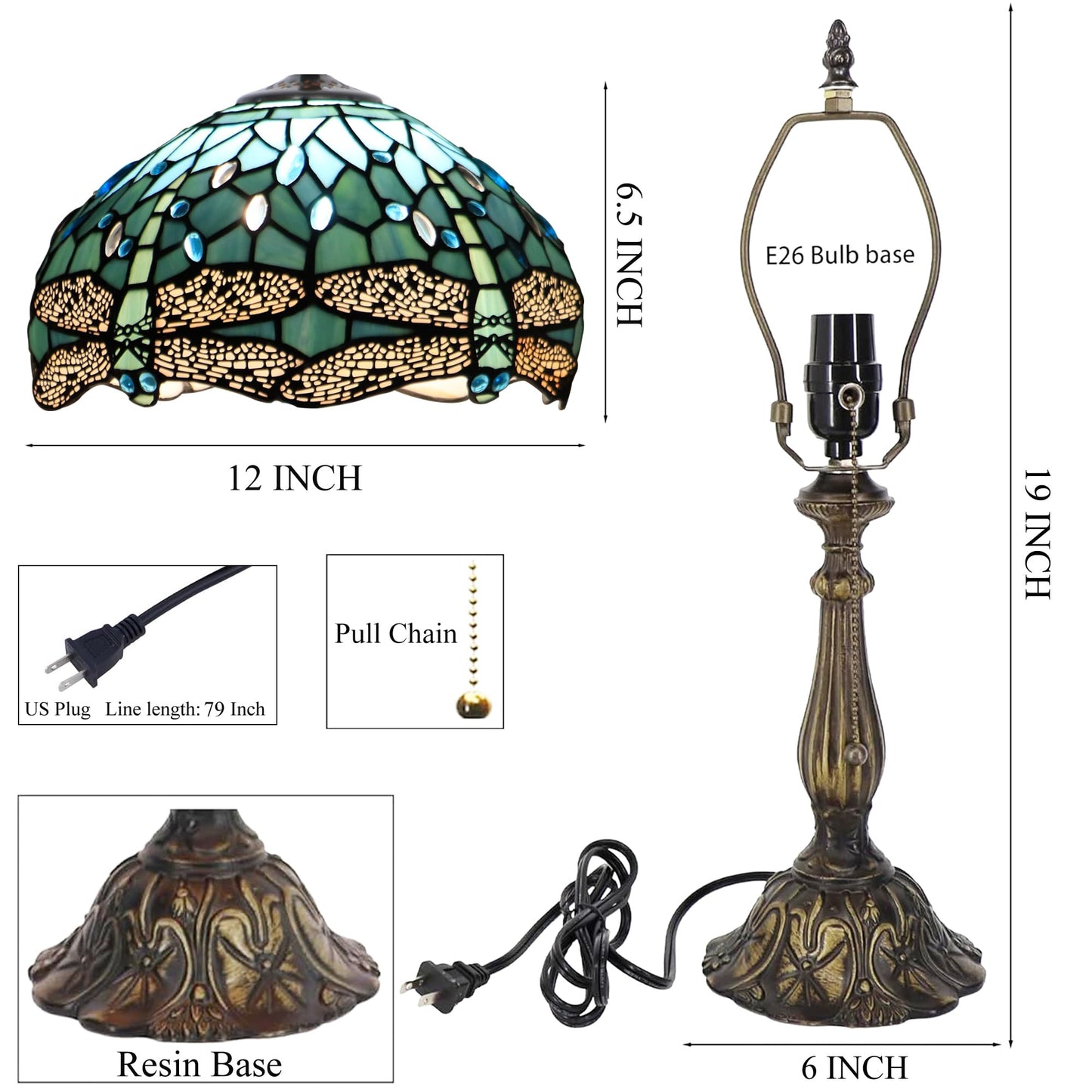 HZYFFYU Tiffany Style Stained Glass Table Lamp, Sea Blue Dragonfly