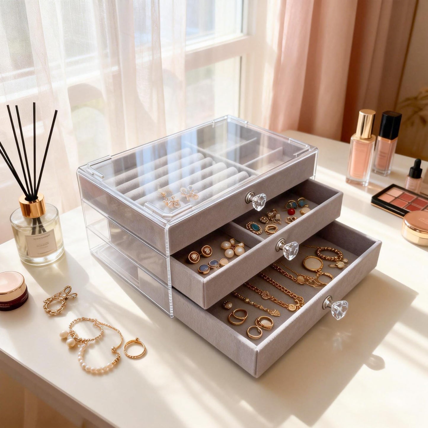 Jemjosh Clear Acrylic Velvet Jewelry Organizer with 3 Drawers, Stackable Display Storage Earrings Necklace Rings Bracelets Box Holder Case for Women, Grey
