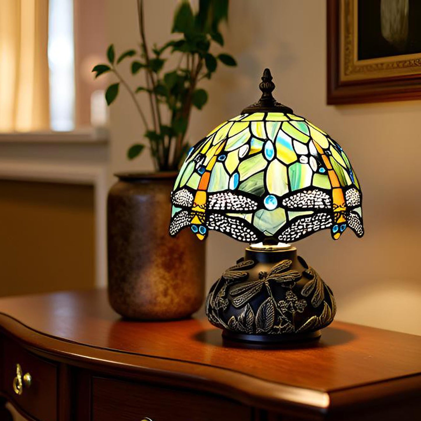 HWDFEI Small Tiffany Mushroom Table Lamp,Mini Memory Sympathy Antique lamp 8X11 Inch (Brown Dragonfly)