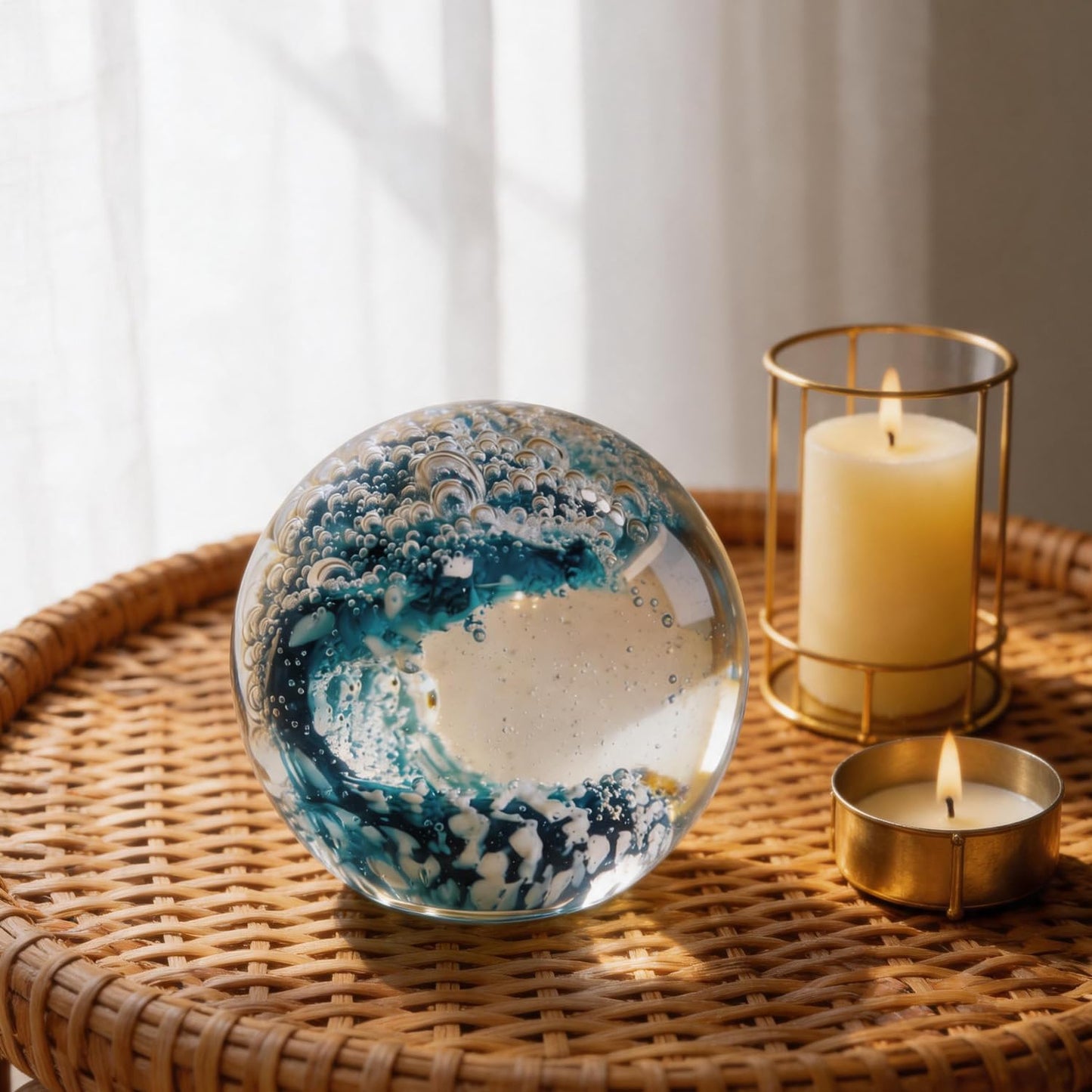 KWASVLYA Hand Blown Ocean Wave Crystal Ball Blue Crystal Art Decorative Sphere Paperweight for Desk Decor, Stress Relief Gift for Ocean Lovers & Women