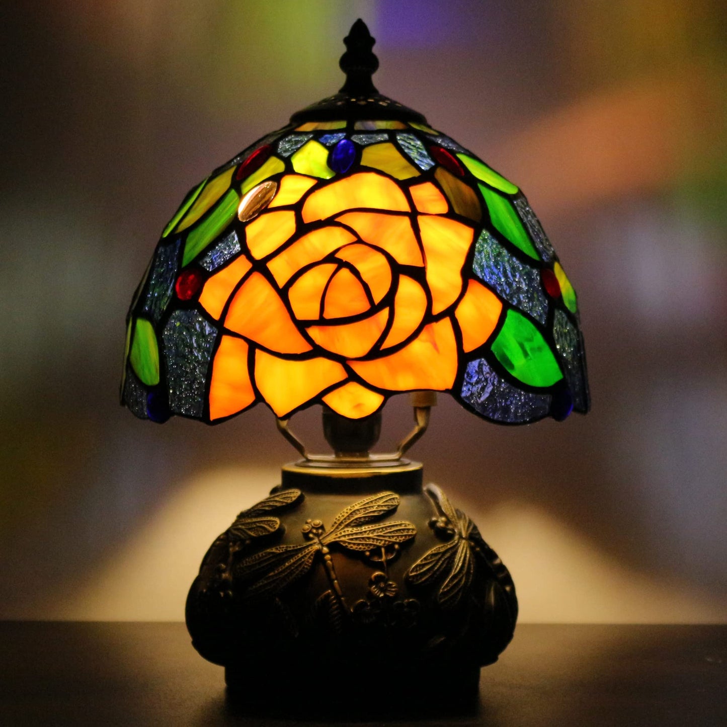 Small Tiffany Lamp Mini Stained Glass Table Lamp Yellow Purple Rose Style
