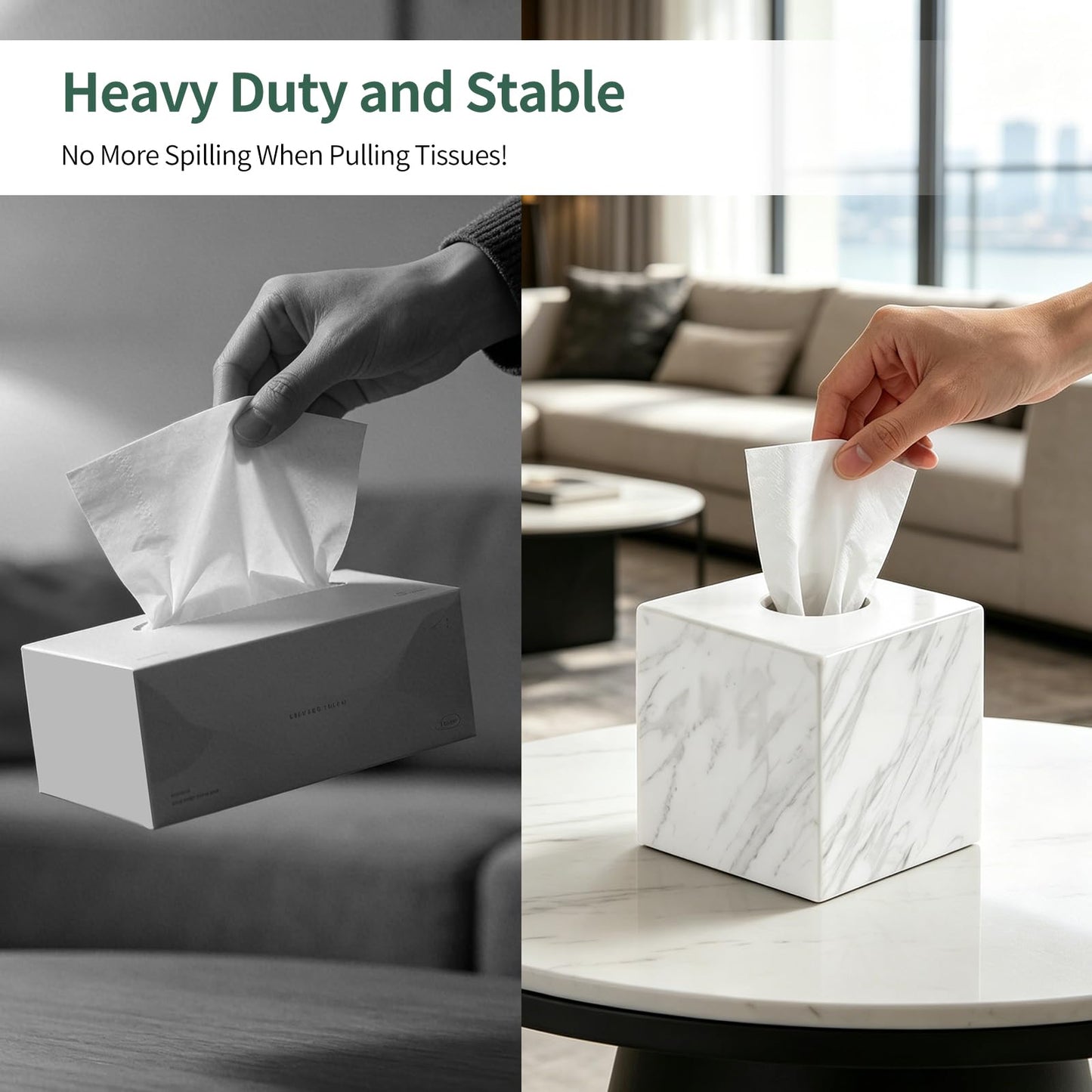 Mylvrek Natural Marble Tissue Box Cover, Square Cube Facial Marble Napkin Holder with Open Bottom, Decorative Marble Tissue Dispenser for Bathroom Countertop, Office Desk, Dining Table (White)