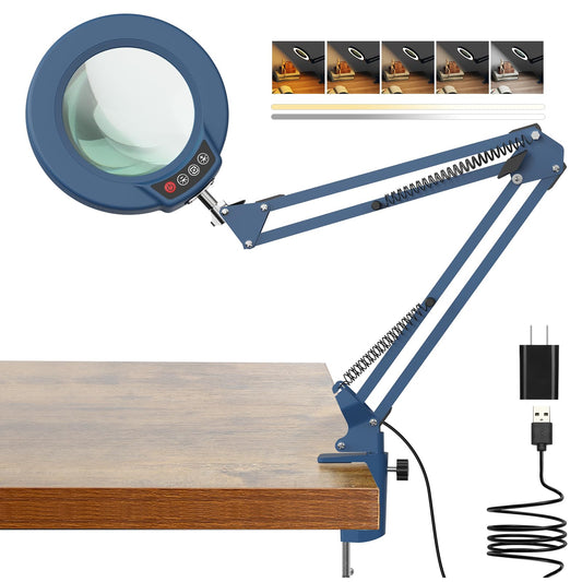 10X Magnifying Glass with Light and Clamp, Real Glass Stand Lighted Magnifier, 5 Color Modes Stepless Dimmable LED Desk Lamp Hands Free for Crafts Hobby Reading Painting Sewing Close Work - Blue