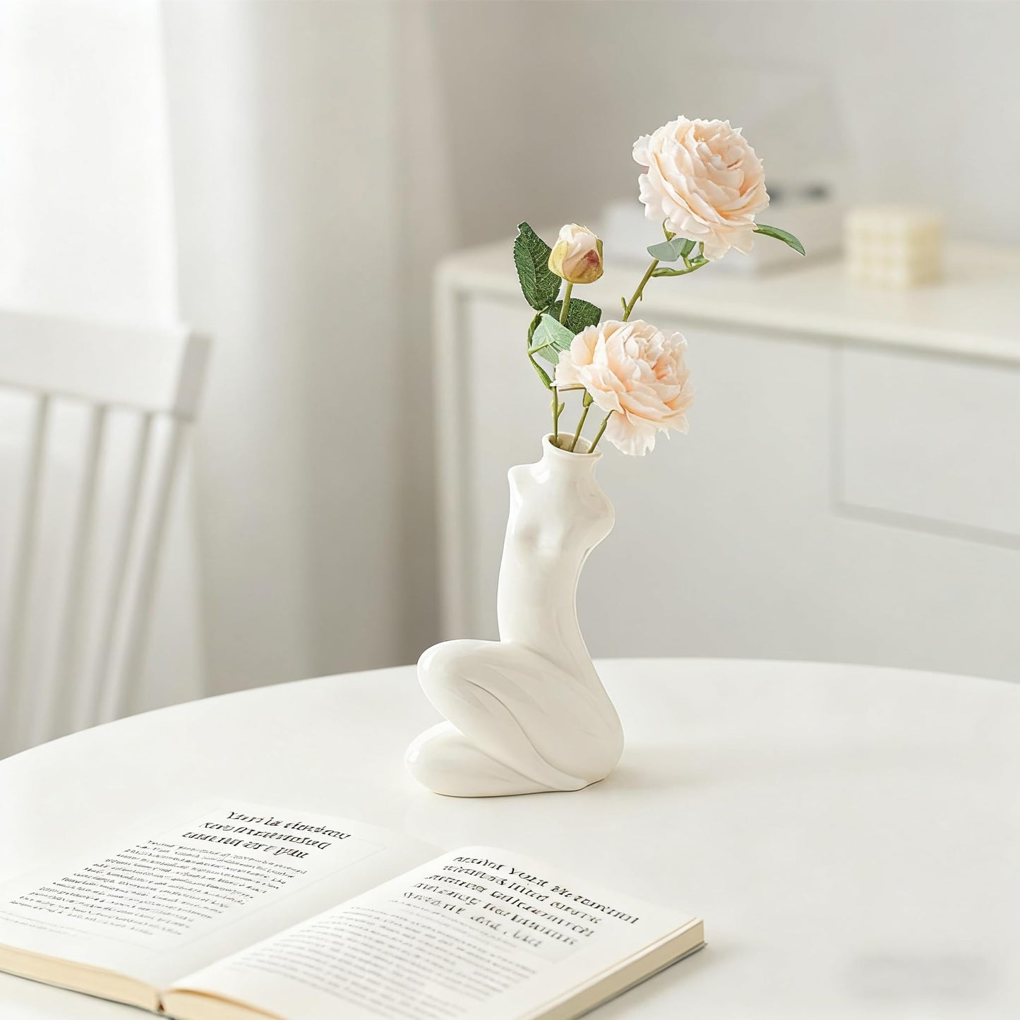 Abstract Body Shaped Ceramic Vase, Artistic White Ceramic Flower Vase for Home Decor, Table Centerpiece, Modern Aesthetic, Sitting Posture 8.27'' H