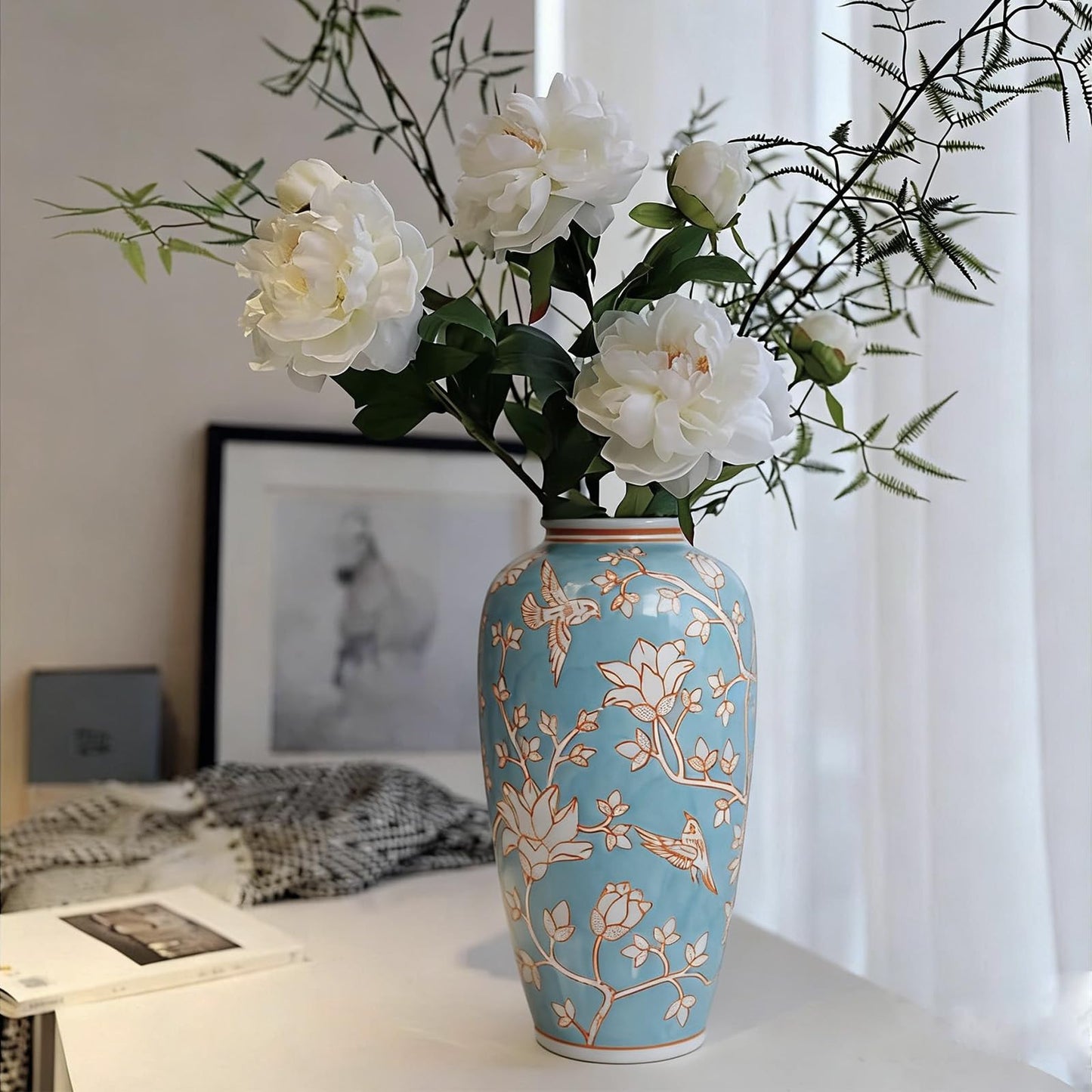 Blue and White Chinoiserie Ceramic Vase, 14 Inch Chinese Style Hand Painted Flower & Bird Art Decor Vase Antique Floral Vase for Living Room, Farmhouse, Table Centerpiece