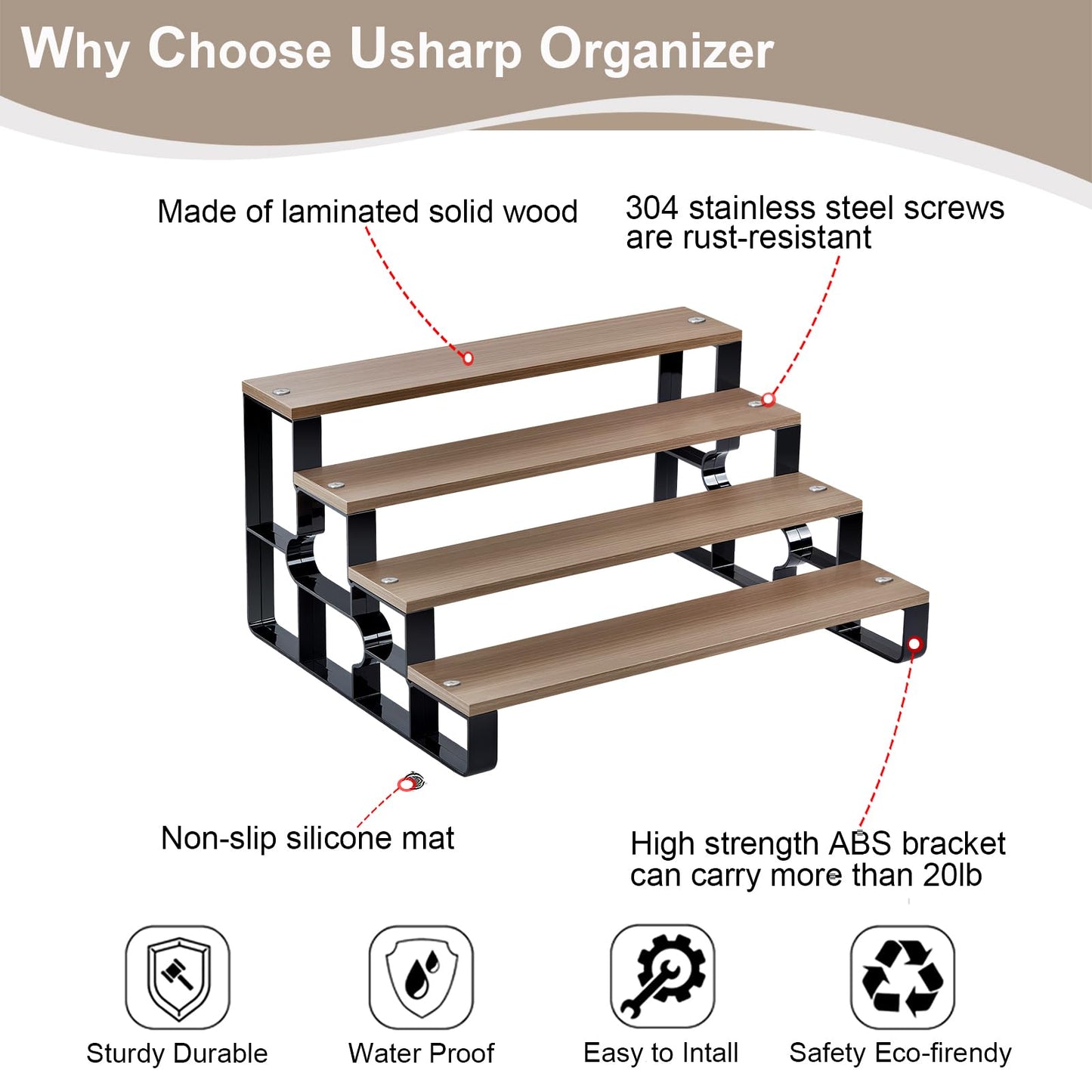 USHARP 4 Tier Cologne Organizer for Men, Wooden Perfume Organizer Stand, Waterproof Display Shelf Rack for Dresser, Vanity, Figures, Cupcake, Dessert Table(Walnut,Width=11.2")