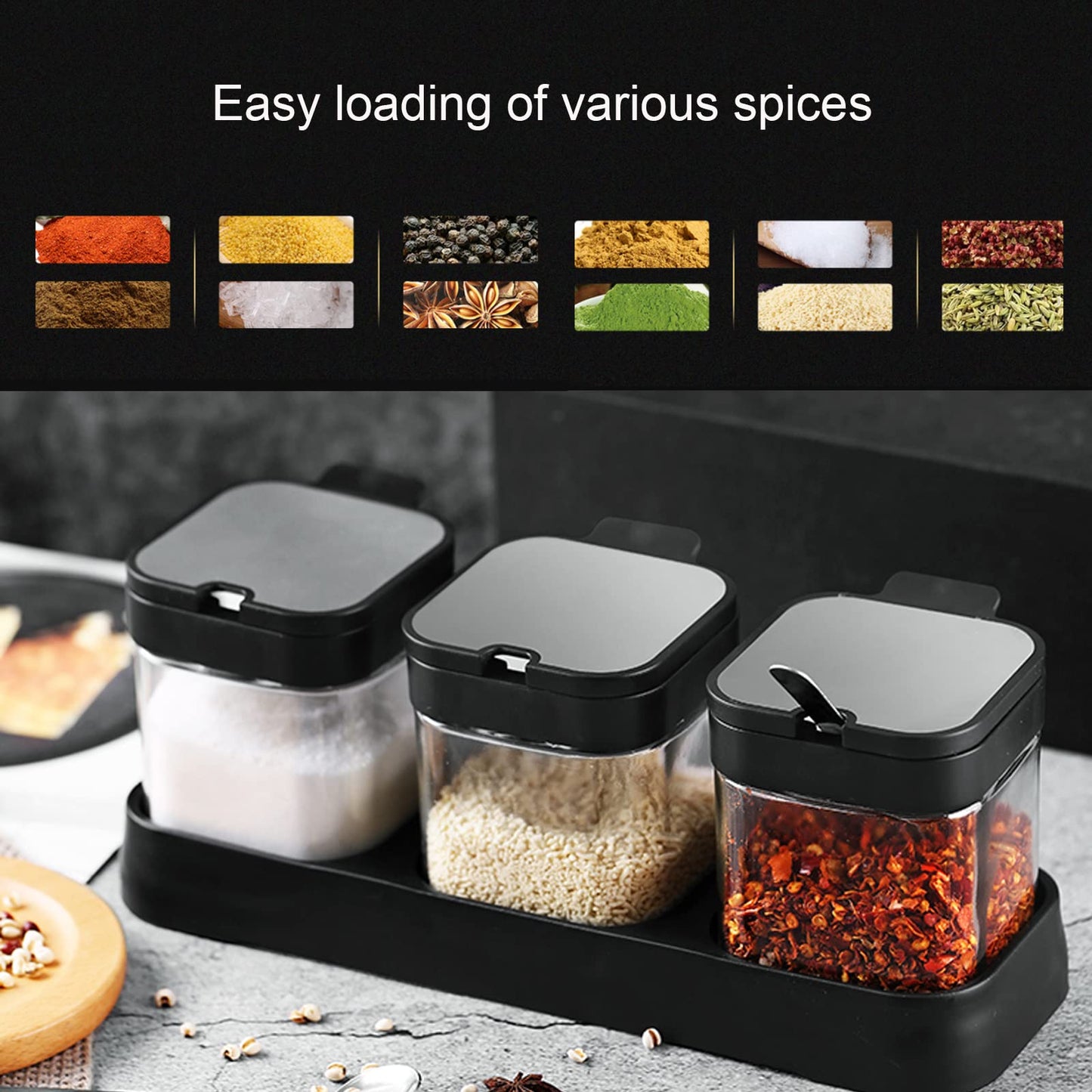 W WBLD Glass Condiment Jar Spice Container with Lids and Spoons, Square Clear Seasoning Sugar Containers Set with Base, Sugar Pepper Salt Spices Bowl for Kitchen Countertop,3pcs
