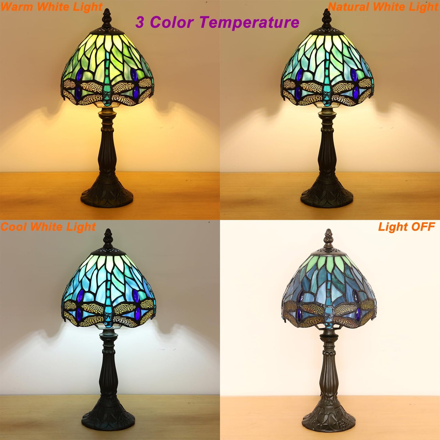 KALOUFUL Small Tiffany Lamp 3 Color Temperature Blue Dragonfly Stained Glass Table Lamps 7X7X14 Inch Bedside Nightstand Night Light Desk Office Light for Living Room Bedroom W/LED E12 Bulb