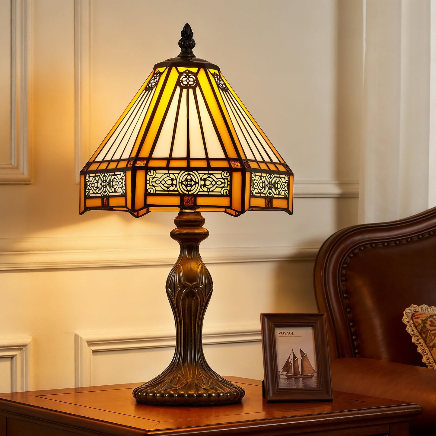 Drqvonth Tiffany Table Lamp, 8" W x 14.3" H Amber Stained Glass Desk Lamp