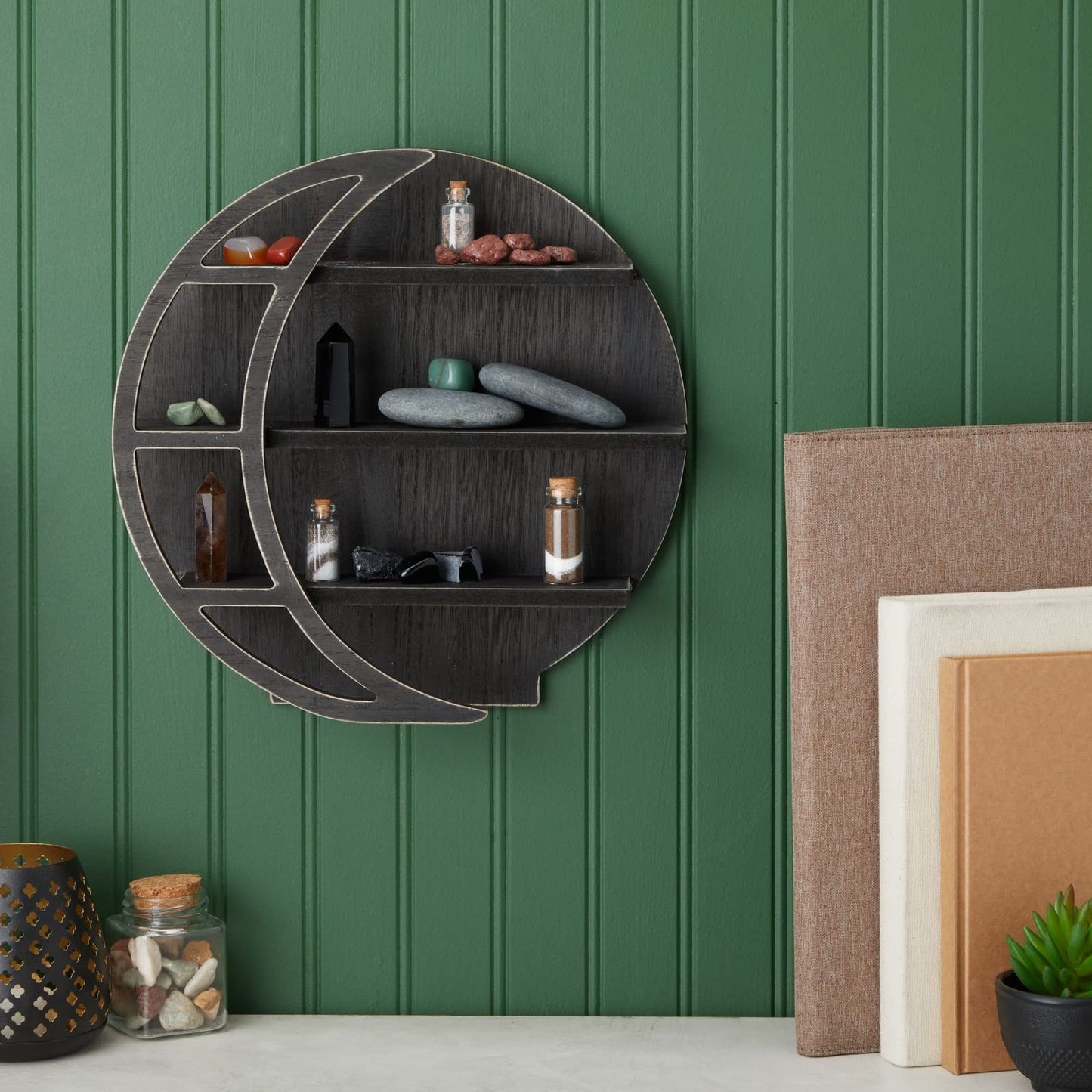 Farmlyn Creek Wooden Moon Shelf - Polished Gothic Wall Decor - Crystal Shelf Display & Essential Oil Organizer - Home Decor Accent - 12 x 12 x 3 in, Rustic Black