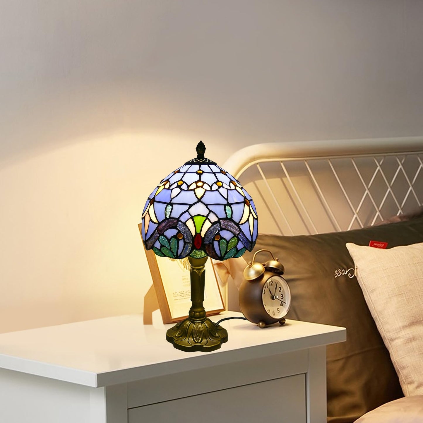 VirtueKing Tiffany Table Lamp Blue Baroque Handmade Stained Glass Desk Lamps 8" Wide 15" Tall Vintage Reading Lamp for Office, Living Room, Bedroom, LED Bulb Included