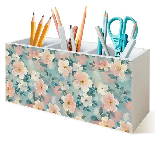 PQKIY Pink and Blue Floral Pen Holder for Desk, Cottagecore Pastel Flower Botanical Wooden Box Sign Desk Storage Organizer for Girls Room Bedroom Dorm Home Office Decoration