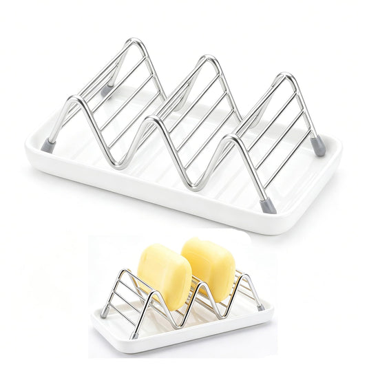 304 Stainless Steel Soap Holder with Ceramic Drain Tray, Rustproof Wire Rack Self-Draining Soap Dish Organizer for Bathroom Shower, Kitchen Sink, Countertop, Sponge Storage (Creamy White)