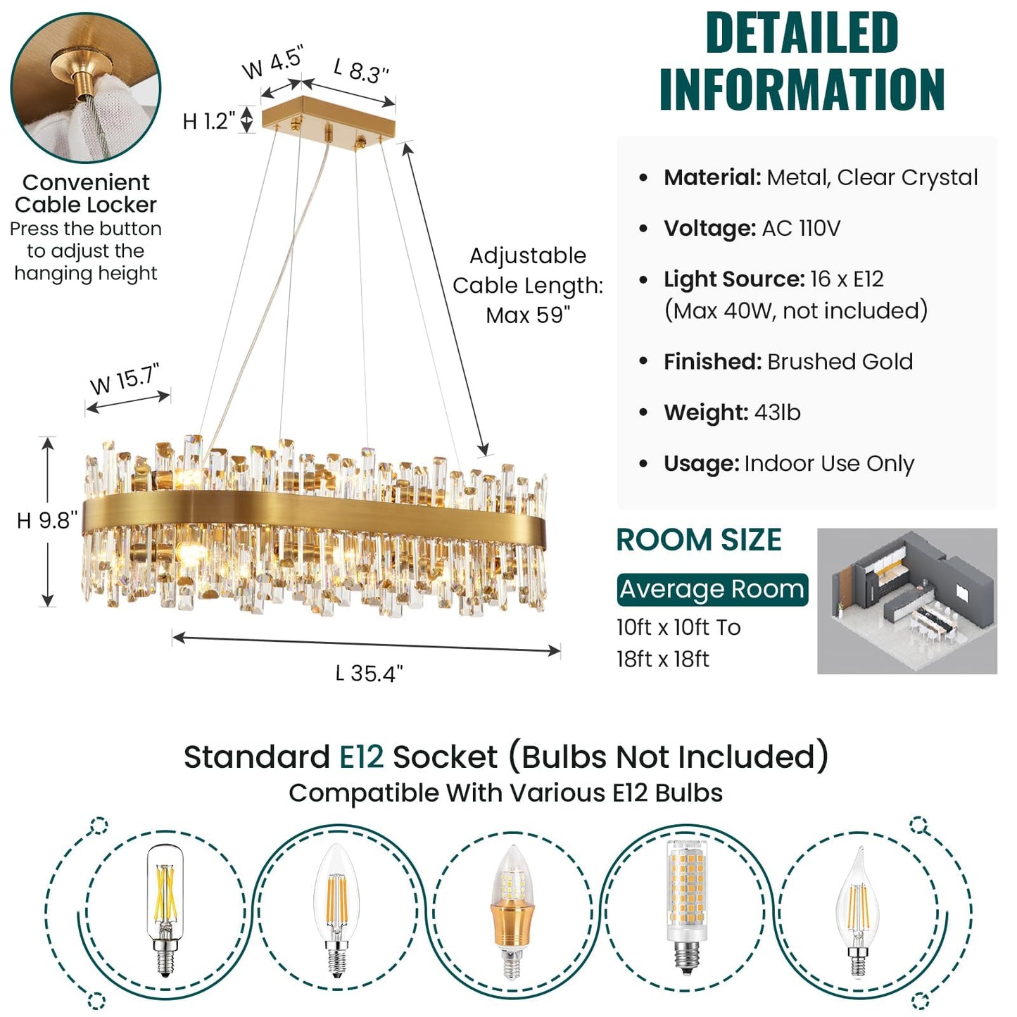 Siljoy Rectangle Gold Crystal Chandelier, 16-Light Modern Dimmable K9 Crystal Raindrop Chandelier, Adjustable Height Oval Crystal Pendant Ceiling Light for Living Dining Room Kitchen L35.4''