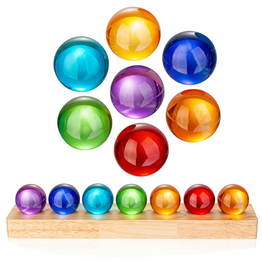 7pcs 40mm Multicolor Crystal Solid Ball Glass Spheres with LED Wooden Base Night Light Decoration Healing Sphere Balls with Stand for Home Living Room - Decorative Balls for Dinner Party Centerpiece