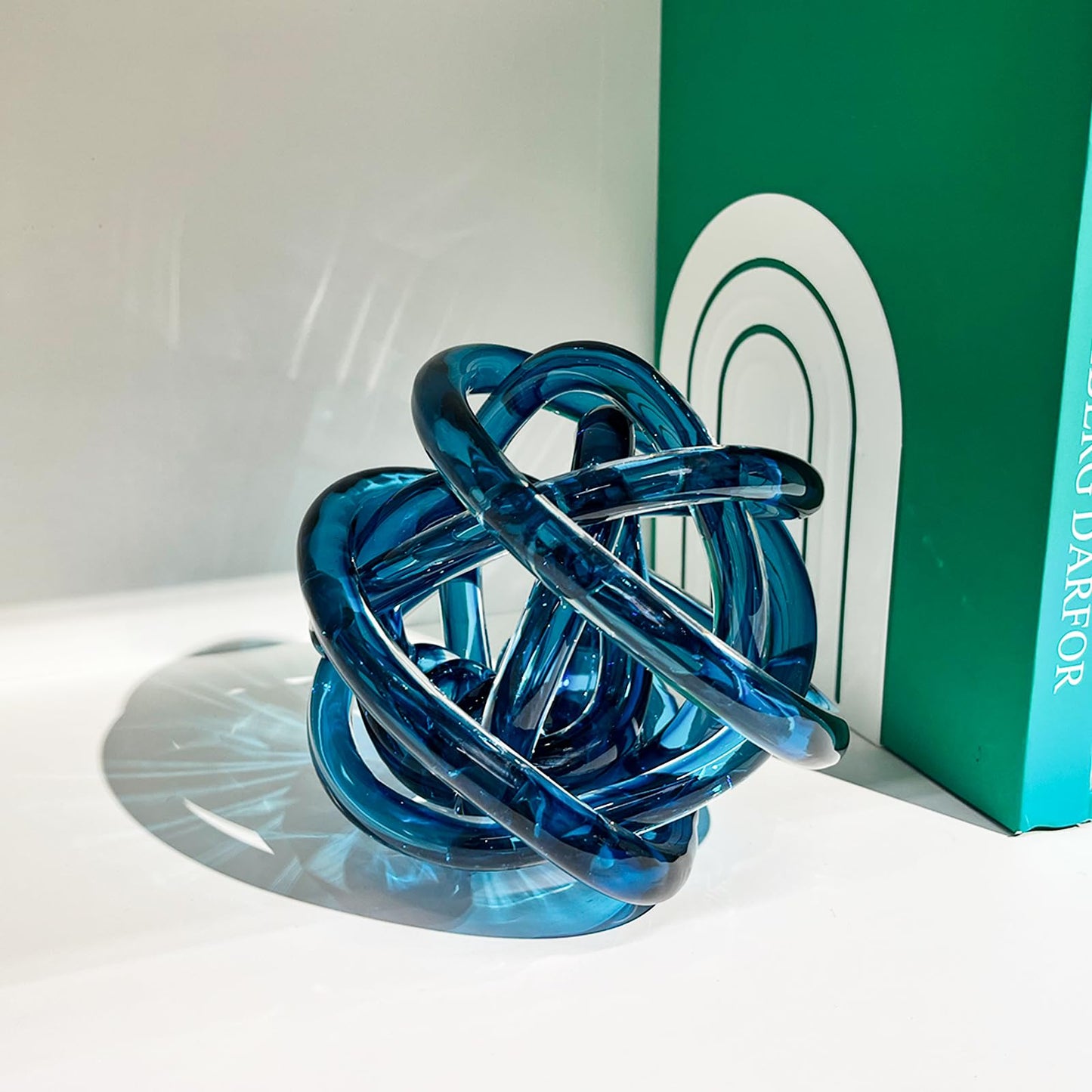 ORRFIDDY Glass Knot Teal Decor Ball - 5 Inch Hand Blown Infinity Sculpture Orbit Home Decor Table Decoration Interio Art