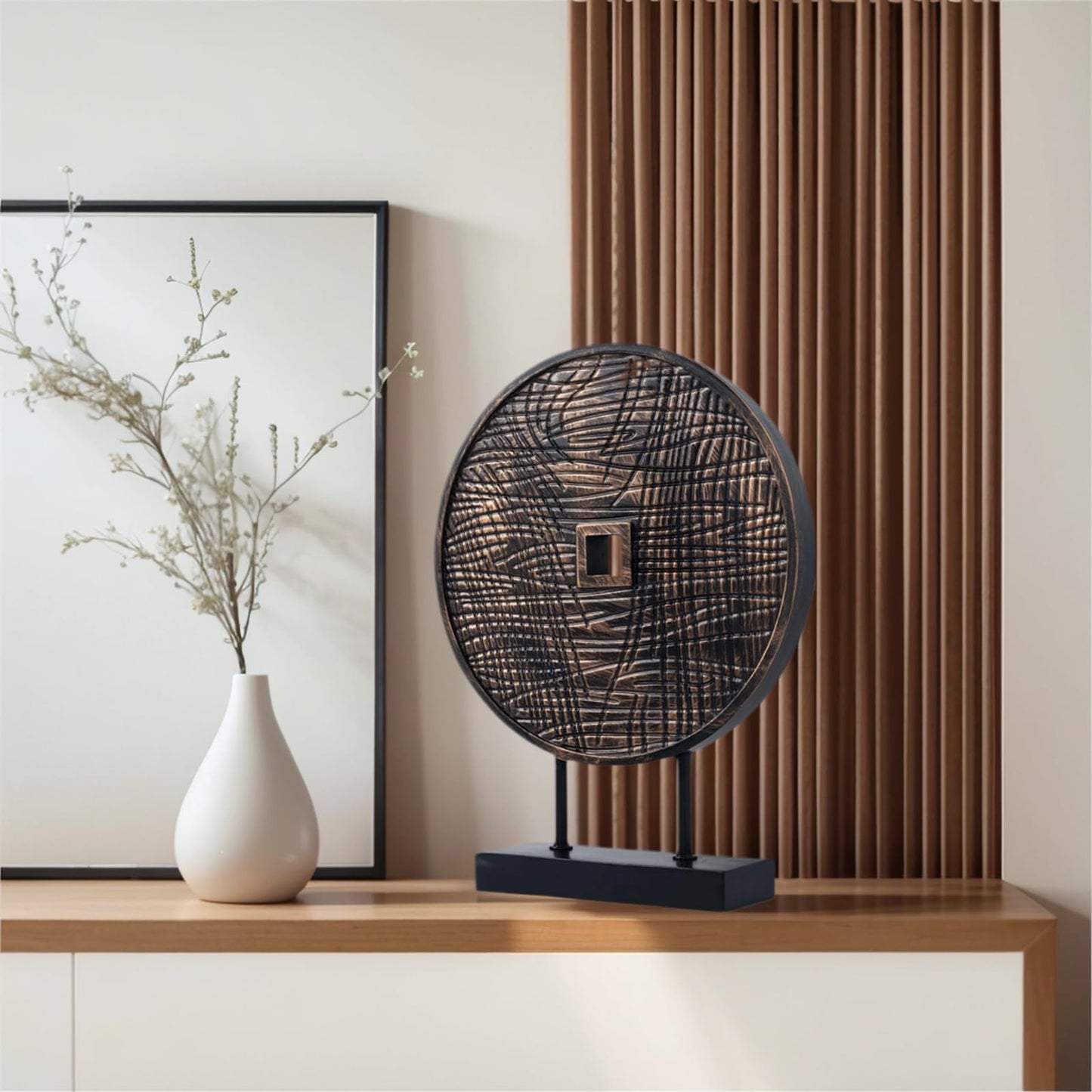 LuckySunDecorQZ Unique Round Coin Sculpture Decorative Objects for Shelf Home Decor Accents, Modern Abstract Tabletop Decor Items for Living Room Fireplace Mantel, Above Cabinet (Black)