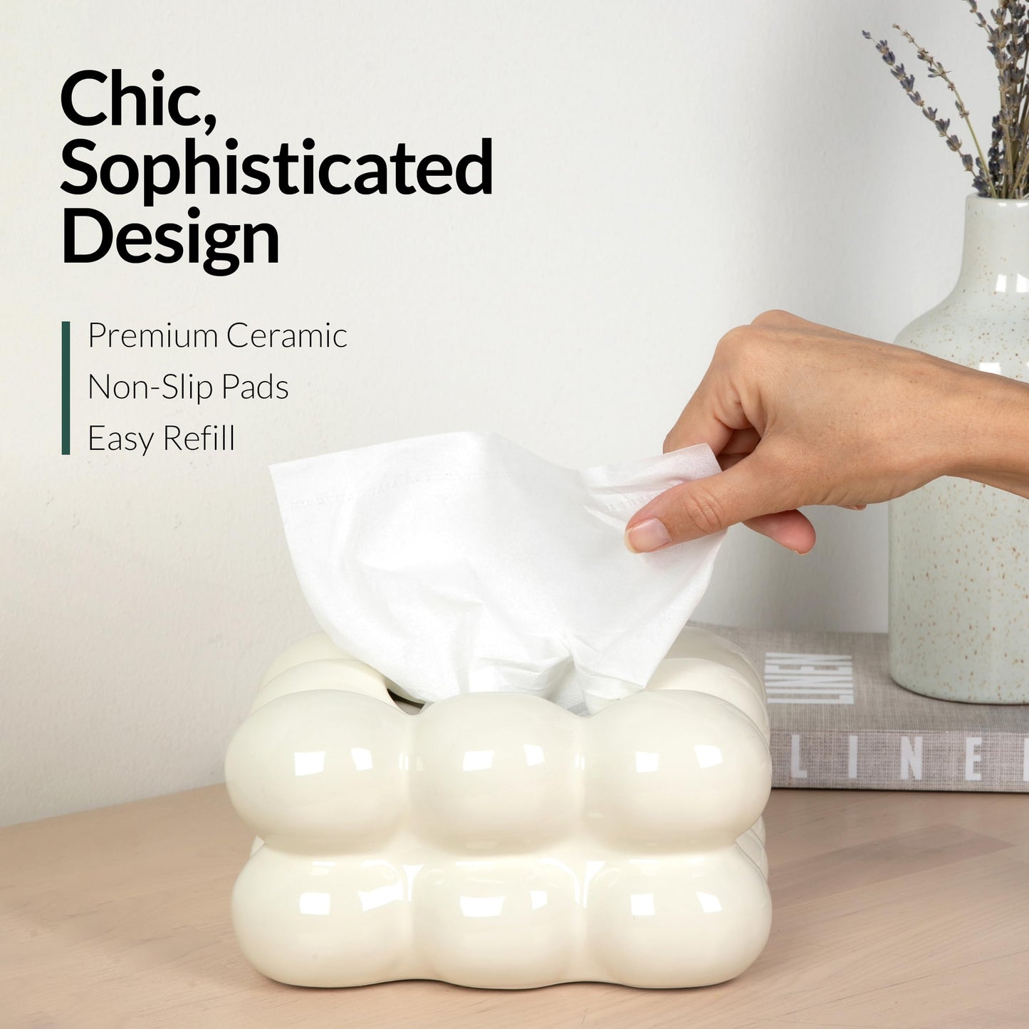 ELTOS Decorative Ceramic Tissue Paper Holder Box, Novelty, Modern Design, for Bathroom Vanity, Living Room, Bedroom Dresser, Night Stand, Kitchen Countertop, Office Desk, Home Decor, Cream