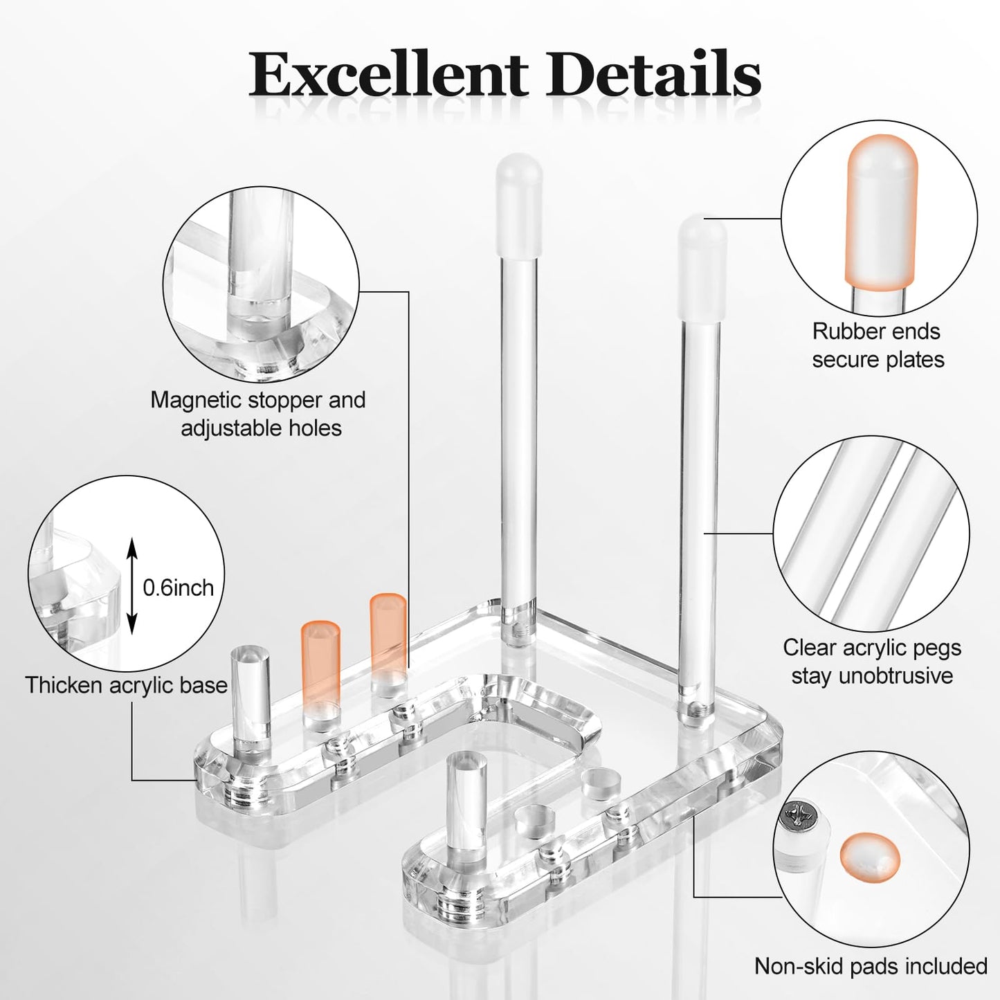 FODIENS Plate Stands for Display, 1 Pack Clear Acrylic Display Easel with Adjustable Pegs for Decorative Plate, Books, Records, Plaque, Picture Frame, Platter Tabletop Art (1-Pack)