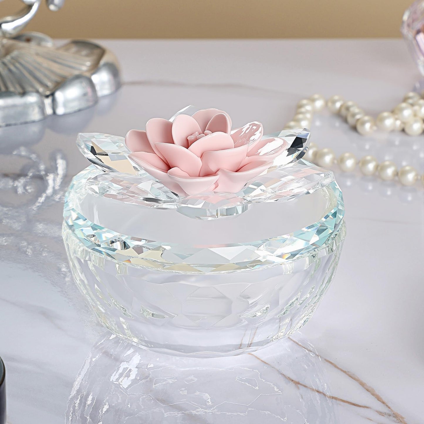 Dounx Crystal Jewelry Box for Women, Small Glass Trinket Jar with Lid, Clear Lotus Flower Storage Holder Elegant Organizer Dish for Ring, Earrings, Necklace, Gift (Pink Flower)