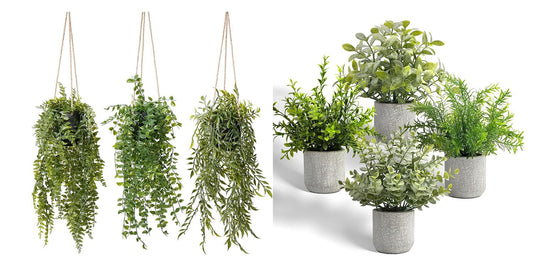 PENGYEE Fake Plant Indoor Set, 3Pcs Fake Hanging Plants with Pots and 4Pcs Small Artificial Plants in Cement Planter for Home Decor Bathroom Bedroom Shelf Desk Office Table Kitchen Room Decor