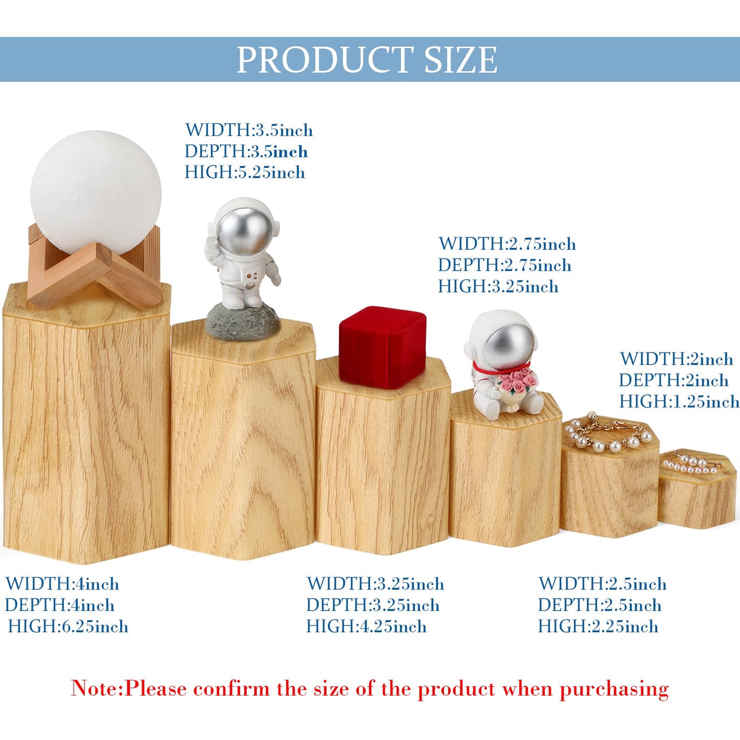 Jetec 12 Pcs Hexagonal Jewelry Display Risers Hexagonal Market Display Risers Stands Acrylic Showcase Acrylic Stand for Jewelry Model Figures Decoration, 6 Sizes (Woodgrain)