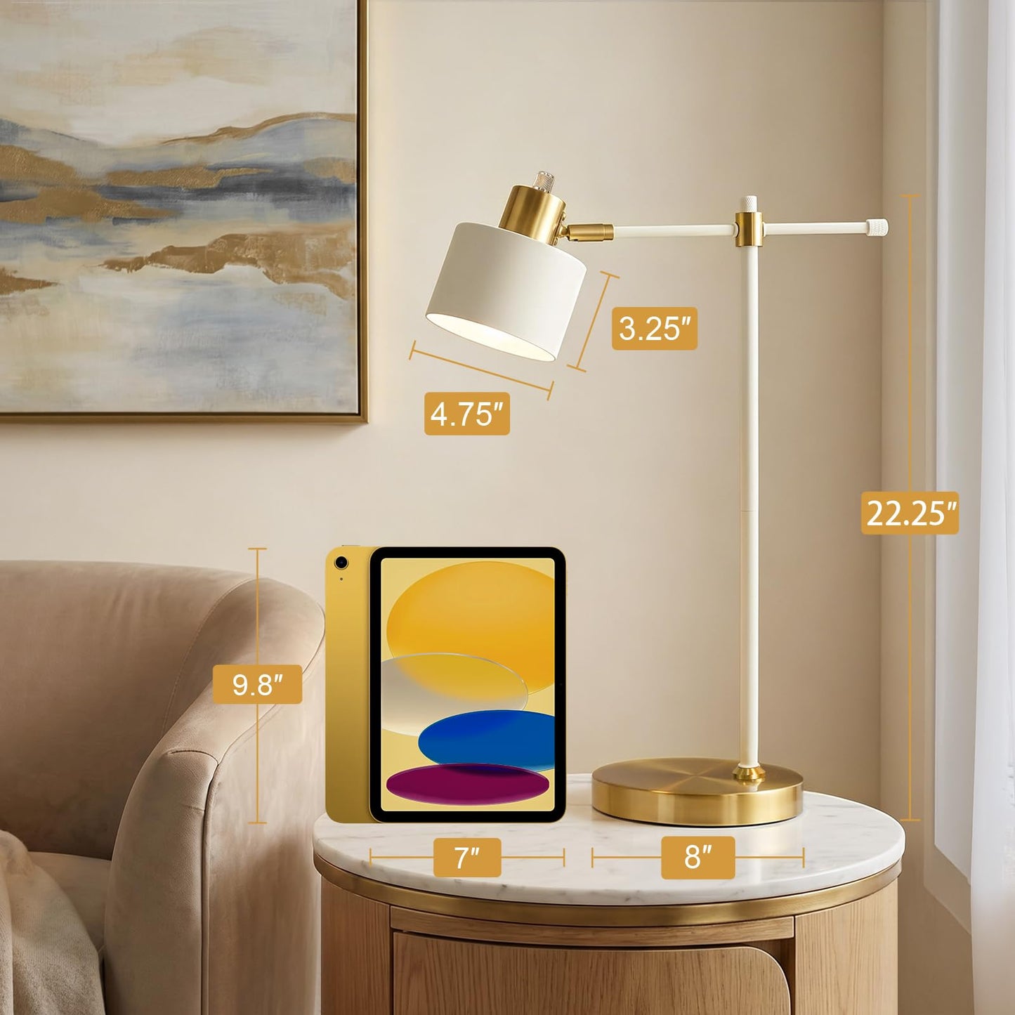 OYEARS 22.2" Modern Desk Lamp, Metal Table Lamp with LED Bulb, Adjustable Reading Lamps for Living Room, Mid Century Task Lamp for Home Office, Industrial Bedside Lamps, Cream and Gold