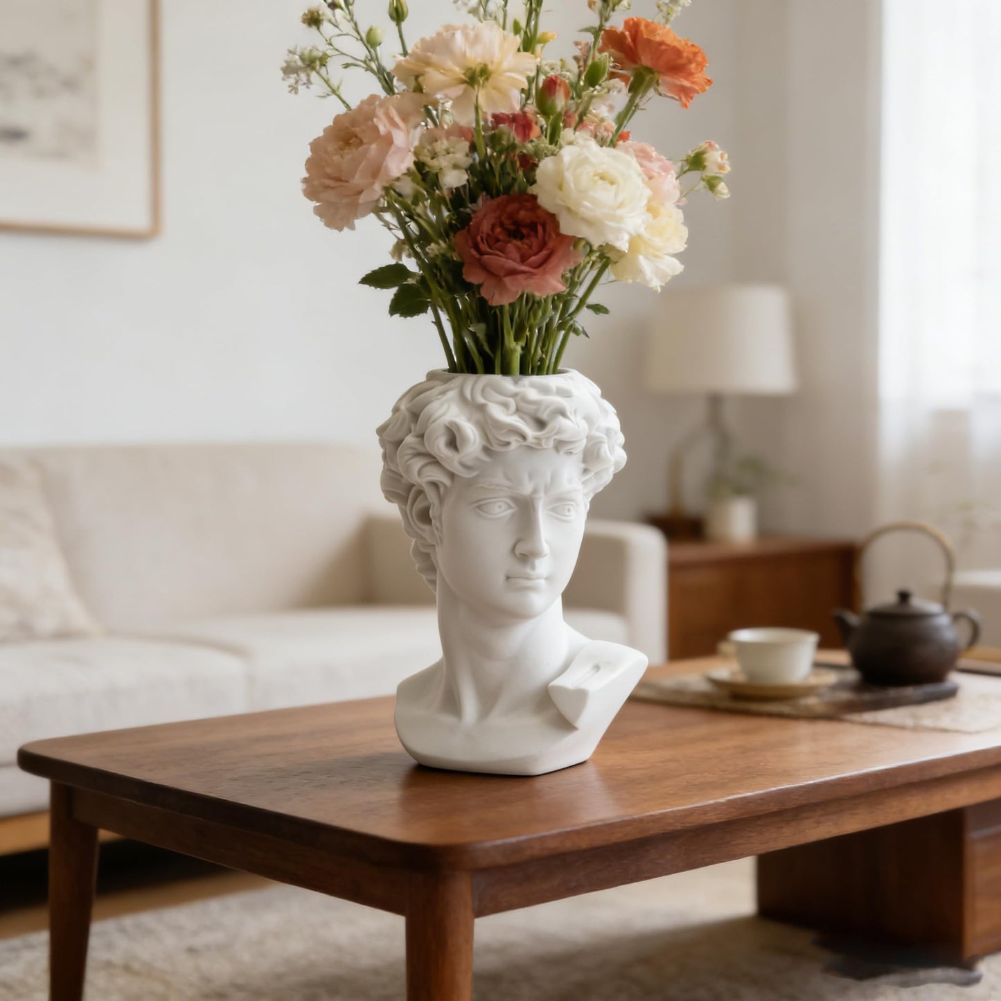 David Head Vase, White Resin Greek Statue Flower Pot, Modern Sculpture Planter Pen Holder, Decorative Bust Vase for Home, Office, Desk, Aesthetic Room Decor