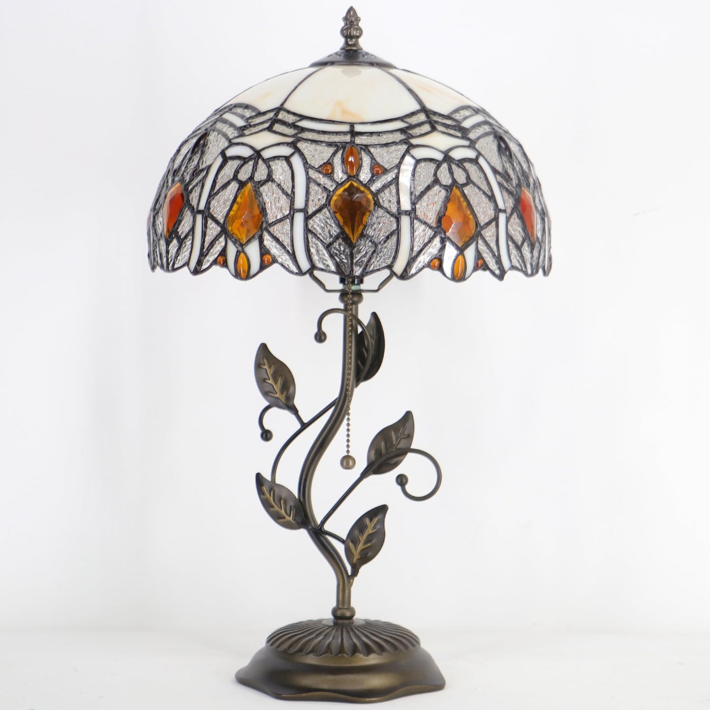 HZYFFYU Tiffany Table Lamp Stained Glass Desk Lamp Metal Leaf Base Reading Light 12X19 Inch (Crystal Style)