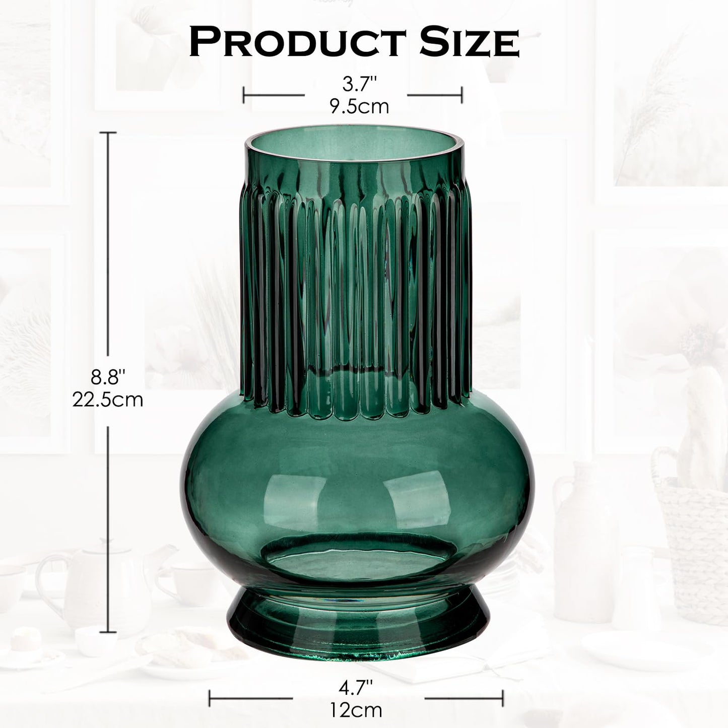 Blue Green Large Glass Vase for Flowers, 7" H x 3.5"/4.7" W Ribbed Vase Modern Wide Mouth Vase Flower Vases Decorative Glass Vases for Centerpieces Mantel Shelf Table Home Decor