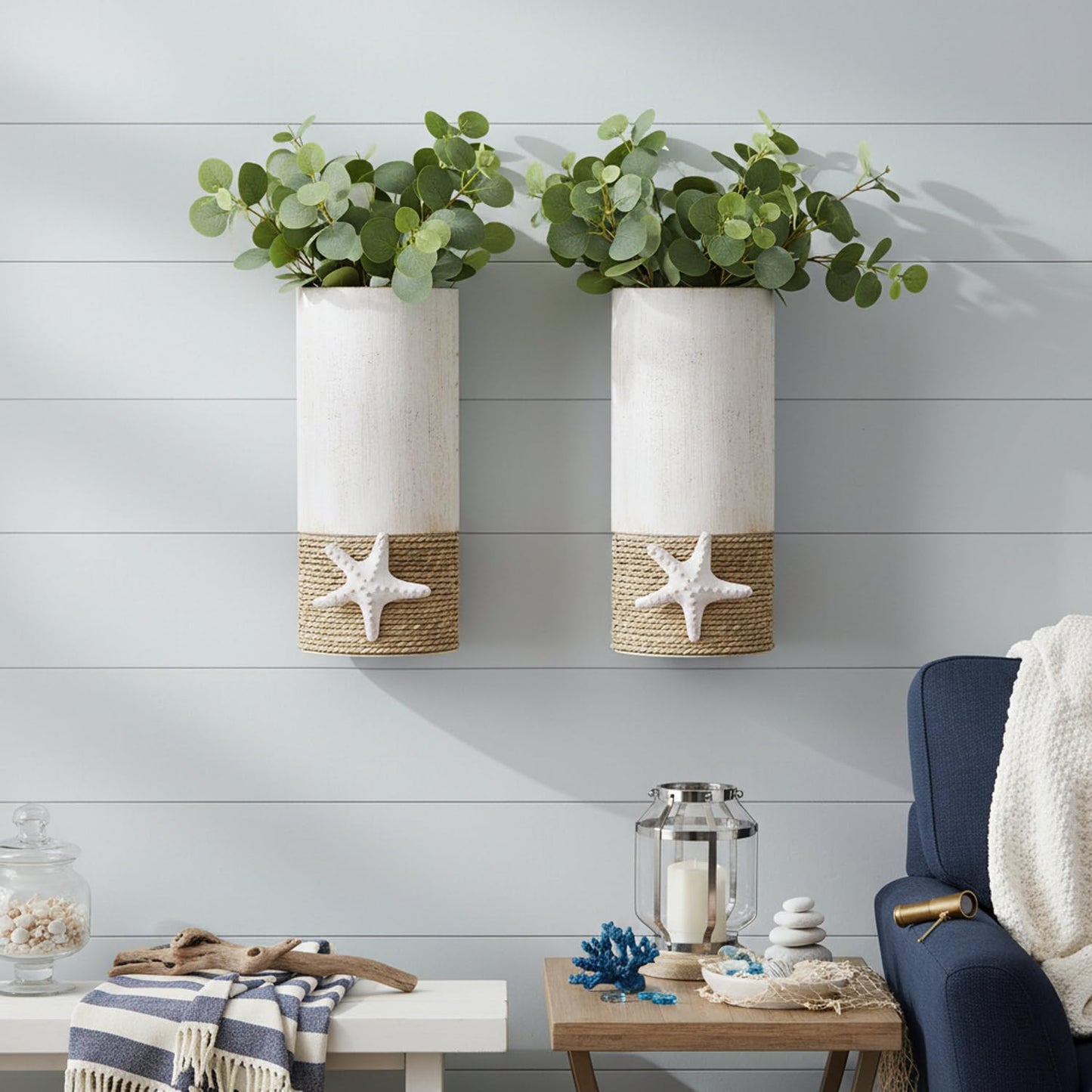 2 Pack White Metal Wall Vase,Coastal Wall Vase for Flowers(No Artificial Flowers Included), Coastal Decor Hanging Vases,Coastal Home Decor for Living Room,Entrance,Hallway,Bedroom (White Wall Vases)