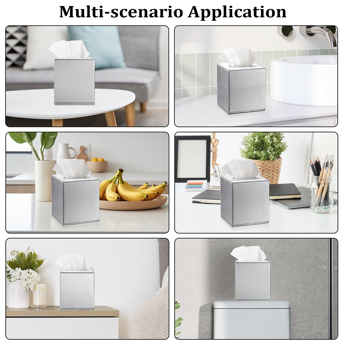 Sumnacon Tissue Box Cover Square Tissue Box Stylish PU Tissue Box Holder with Magnetic Bottom, Leather Cube Tissue Cover for Living Room Bathroom Bedroom Table Desk Home Office Car, Silver