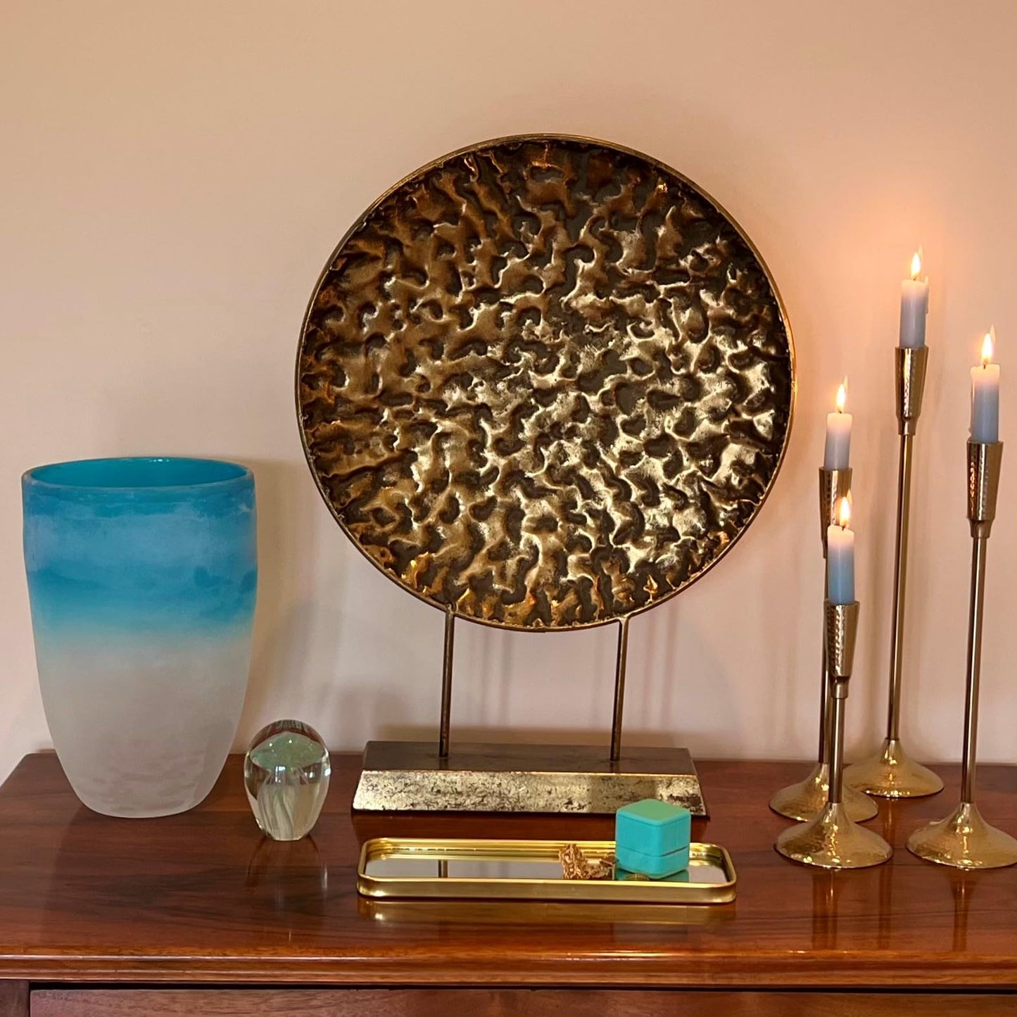 WHW Whole House Worlds Modernist Table Top Sculpture, Abstract Round, Textured Disc, Gold, Dark Patina, Post Mounted, Gallery Base, 23.5 Inches