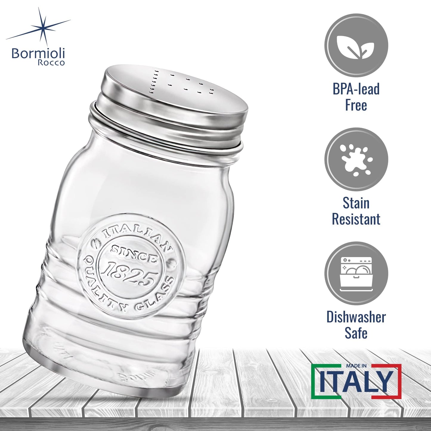 Bormioli Rocco Officina 1825 Salt & Pepper Jars Set of 2-8 Oz. Ribbed Glass Containers with Airtight Metal Lids for Seasoning, Cooking & Dining Table Use - Italian Glass Storage Design