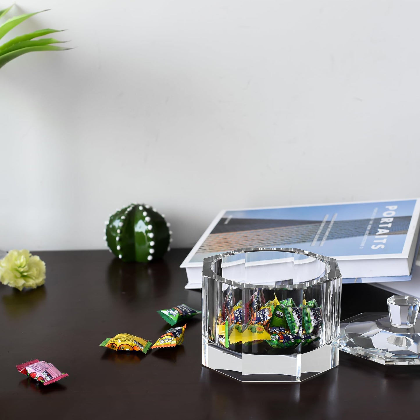 DONOUCLS Crystal Candy Dish with Lid Hand-Cut Home Decorative Jewelry Box/Jar W 5" x H 5" with Multi-faceted, Comes With Gift Box