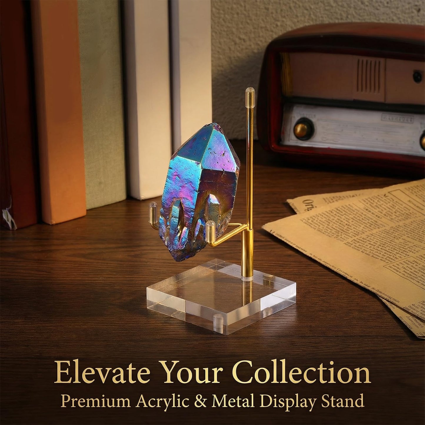 Oqqlin 8 Pcs Adjustable Metal Arm Display Stand, 2 x 2 x 3.5 Inch Gold Small Crystal Display Easel with Clear Acrylic Base Rock Mineral Stand for Picture, Rock, Geodes, Mineral, Agate
