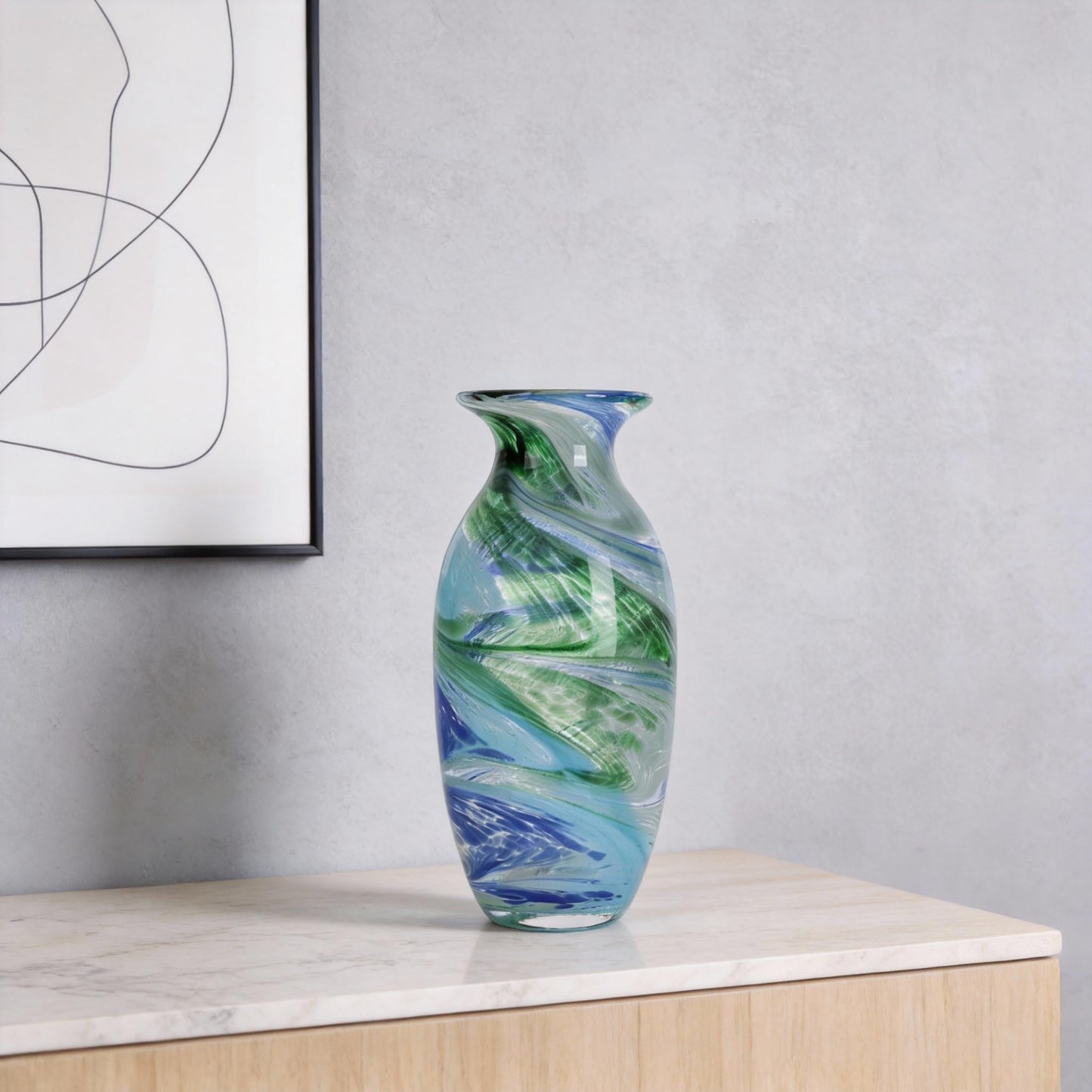 Hand Blown Glass vase, Blue Green Wide Mouth vase, Contemporary Glass Art Suitable for Display on Living Room Dining Tables, in Offices, bathrooms, Coffee Tables and hallways.