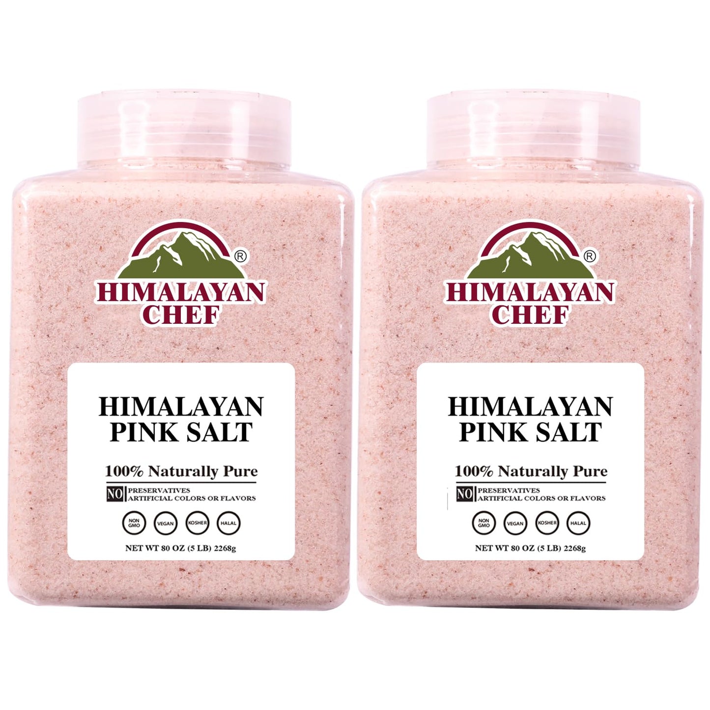 Himalayan Chef Pink Himalayan Salt, Fine Grain - 5 lbs, Organic Food Graded Pink Salt with 84 Rich Minerals, Vegan, Kosher, Non-GMO & Halal Certified, Pack of 2