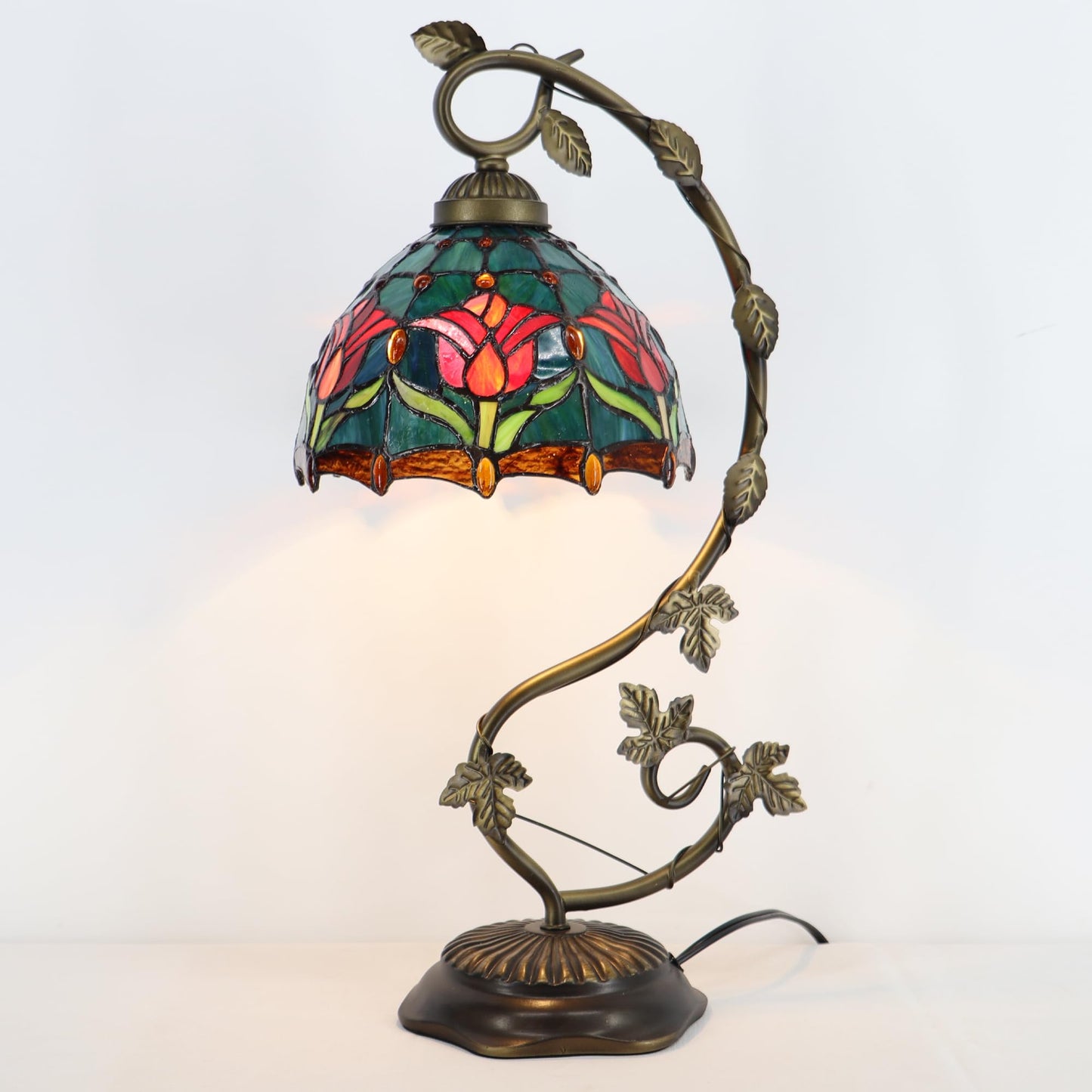 LXHCYOU Tiffany Table Lamp, Stained Glass Desk Light, 8X10X21 Inches, Metal Leaf Base (Tulip Style)