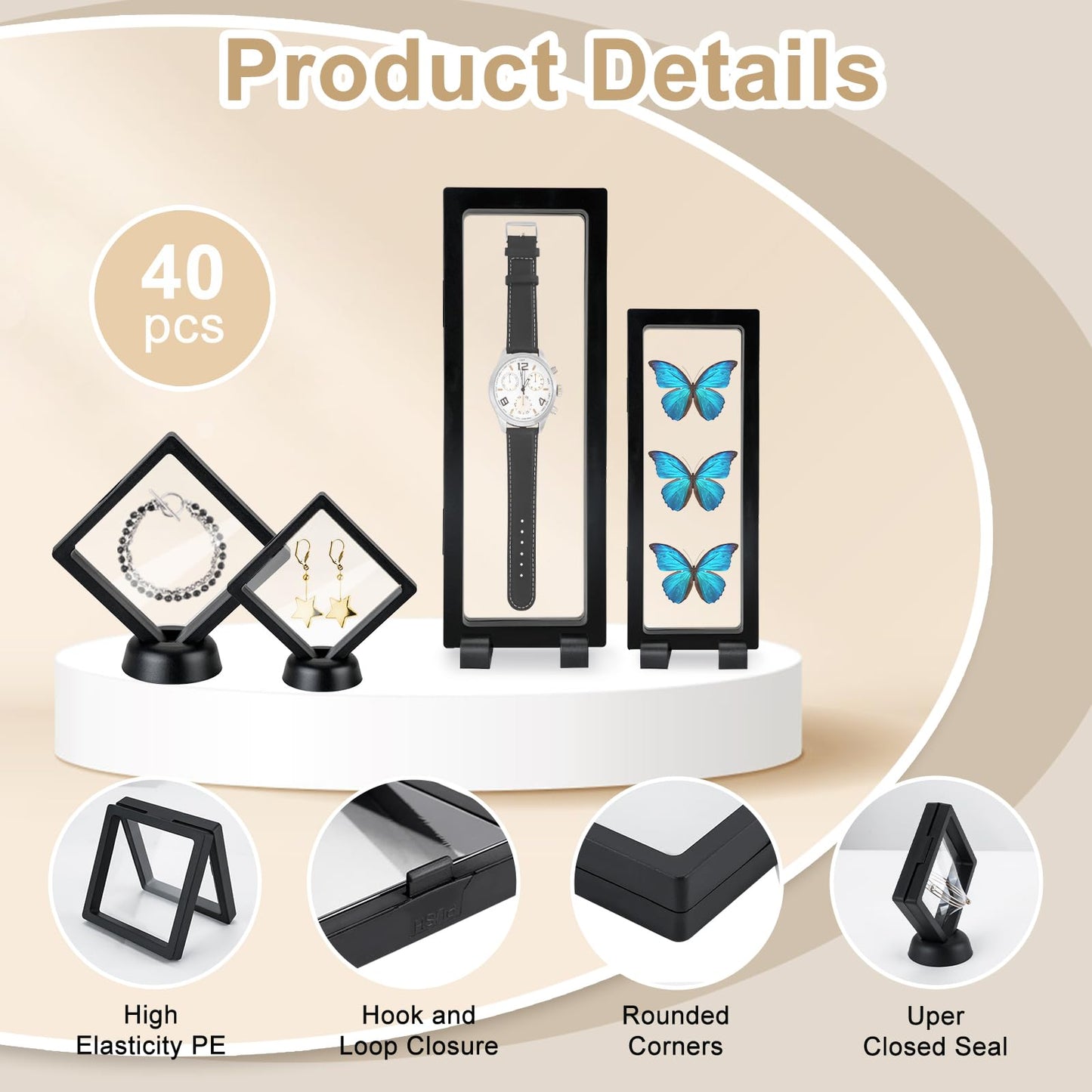 QLFJ-FurDec 40 PCS Floating Display Case, 3D Challenge Coin Display Holder Frames with Stands, Transparent PE Jewelry Storage Box for Butterfly, Medallion, Shells, Gems, Pins, Specimen (Black)