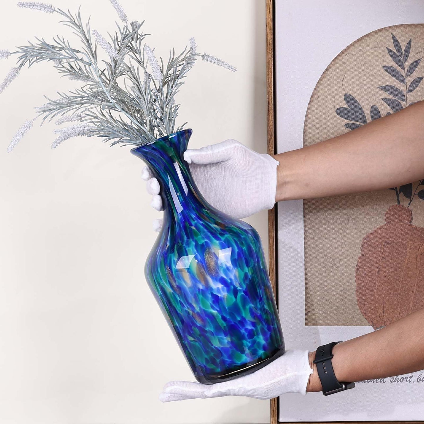Hand Blown Glass Vase Teal Mosaic (Blue Green Splash) – Murano Inspired Art Glass Vase with Wide Mouth for Flowers, Bubble Vase, Coastal Centerpiece for Dining Room or Living Room (Blue)