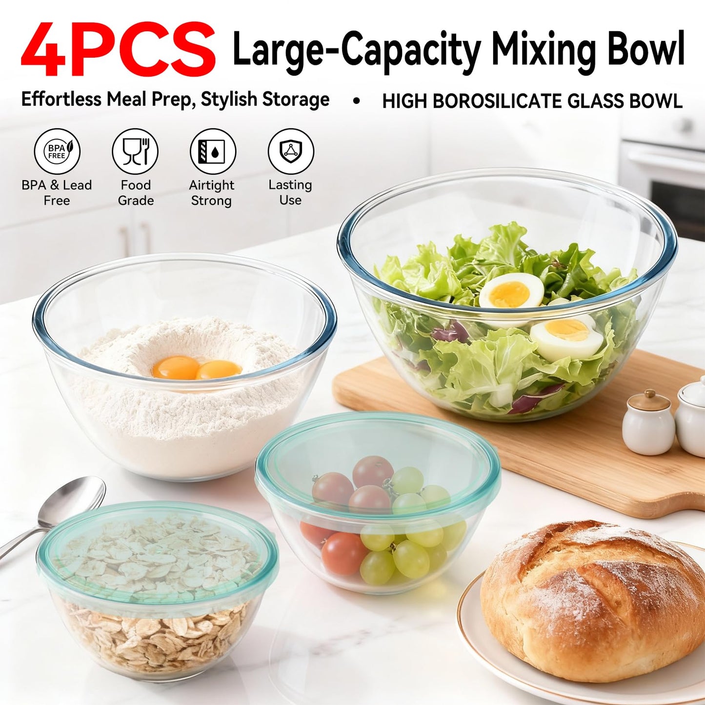 YUANYE 4 Pack Glass Mixing Bowls with Lids Set (3QT/1.7/0.9/0.6QT),Thick Glass Large Salad Bowl Set, Nesting Kitchen Bowls for Serving, Prepping, Cooking and Baking, Dishwasher, Oven,Microwave Safe